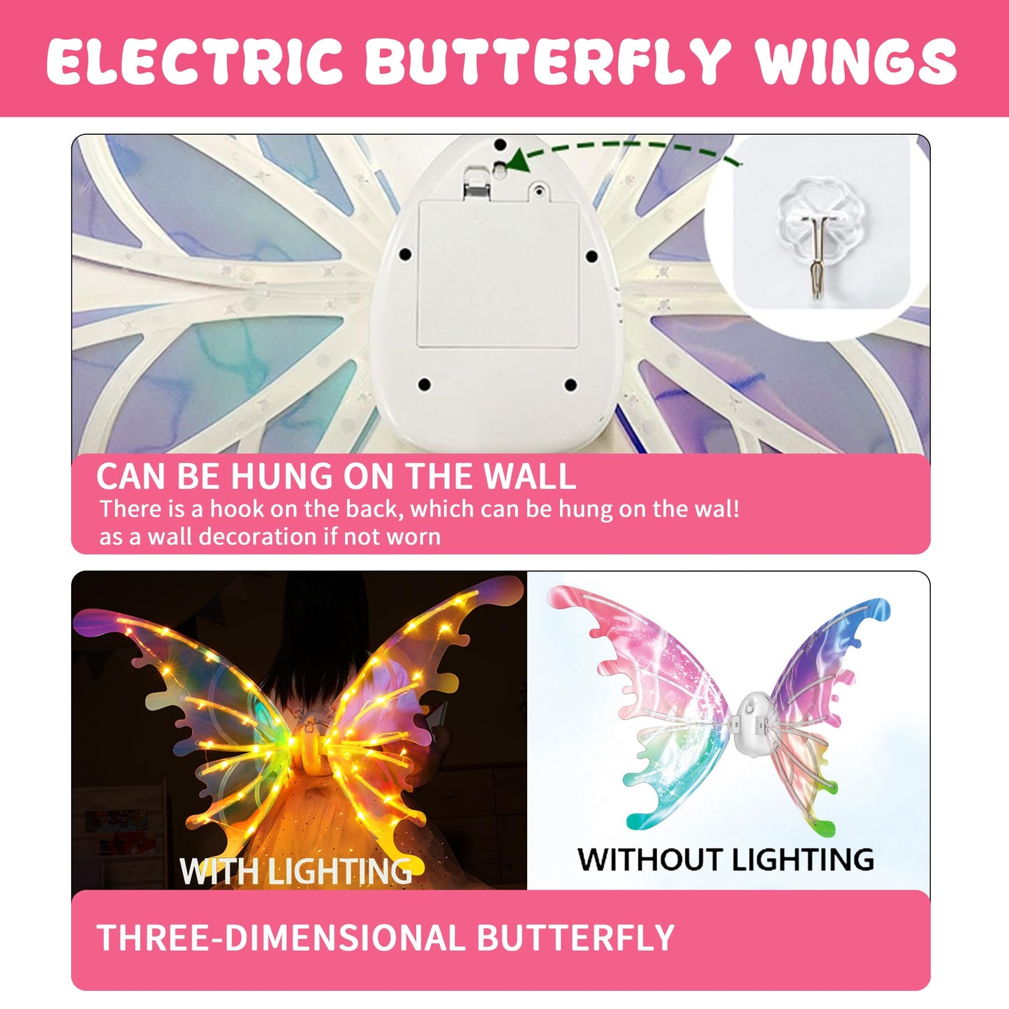 ONEVIVE Electric Fairy Wings for Girls, LED Light Up Butterfly Wings With Music Princess Angel Costume Christmas Party Dress Up Thanksgiving Gift for Girls 4 5 6 7 8 9 Year Old
