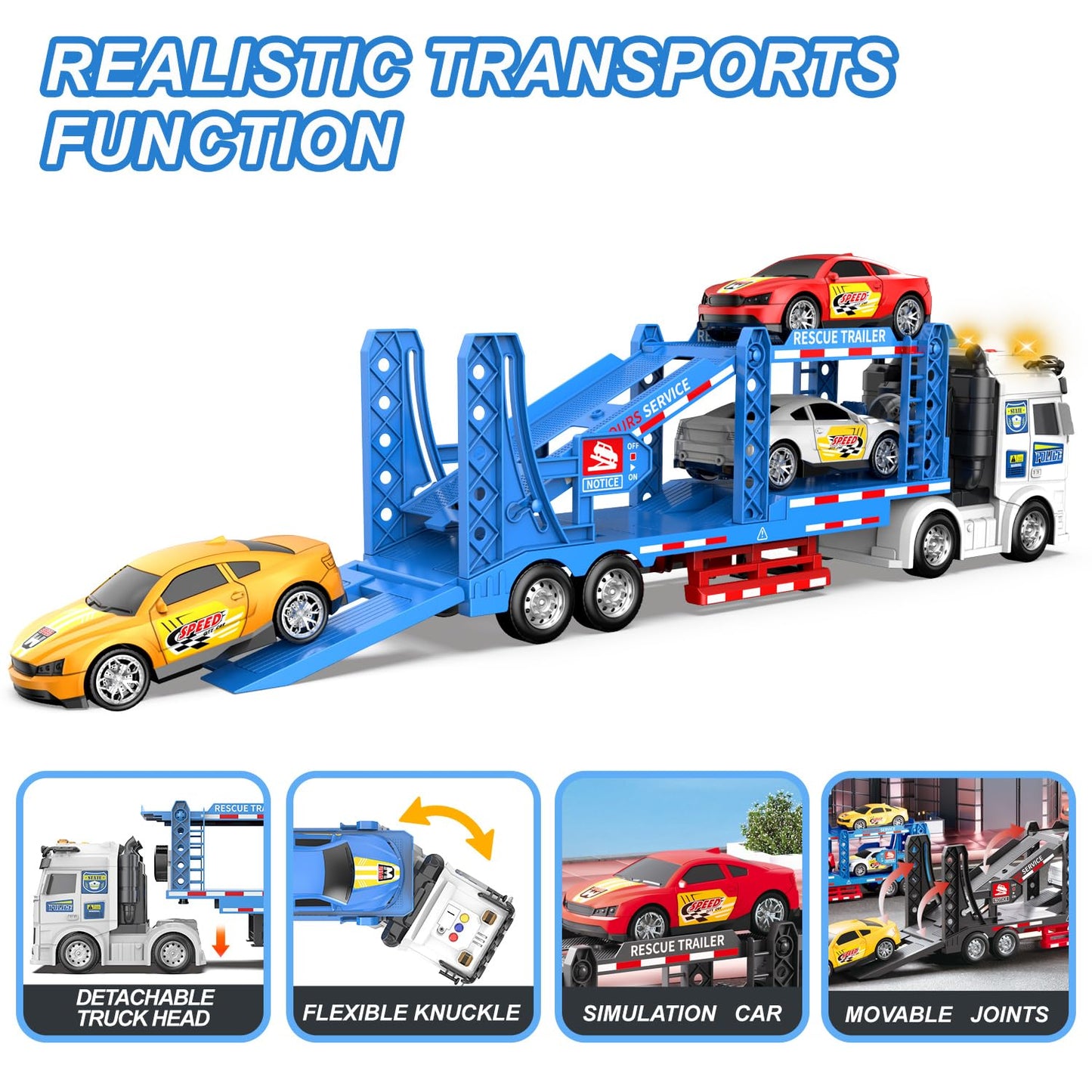 DOWELLIN Carrier Truck Race Car Toys for 3 4 5 6 7 Years Kids, 21.5" Friction Powered Double Layer Semi Transport Truck Toy with 4 Racing Cars, Lights&Sounds Vehical Toys, Xmas Gift for Boy Girl-Blue