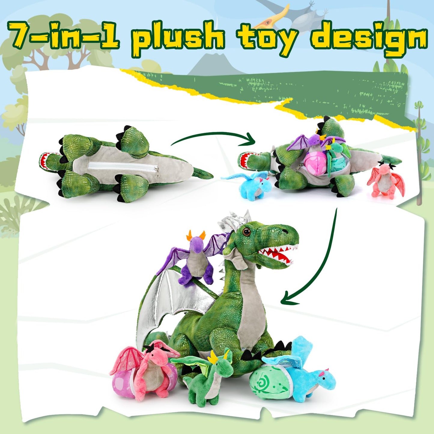 MorisMos 7PCS Green Dragon Stuffed Animal Set, 21 inch Big Mommy Stuffed Dragon Plush Toy with 4 Baby Dragons and 2 Eggs Inside, Stuffed Dinosaur Toy Gift for Kids, Boys Christmas, Birthday