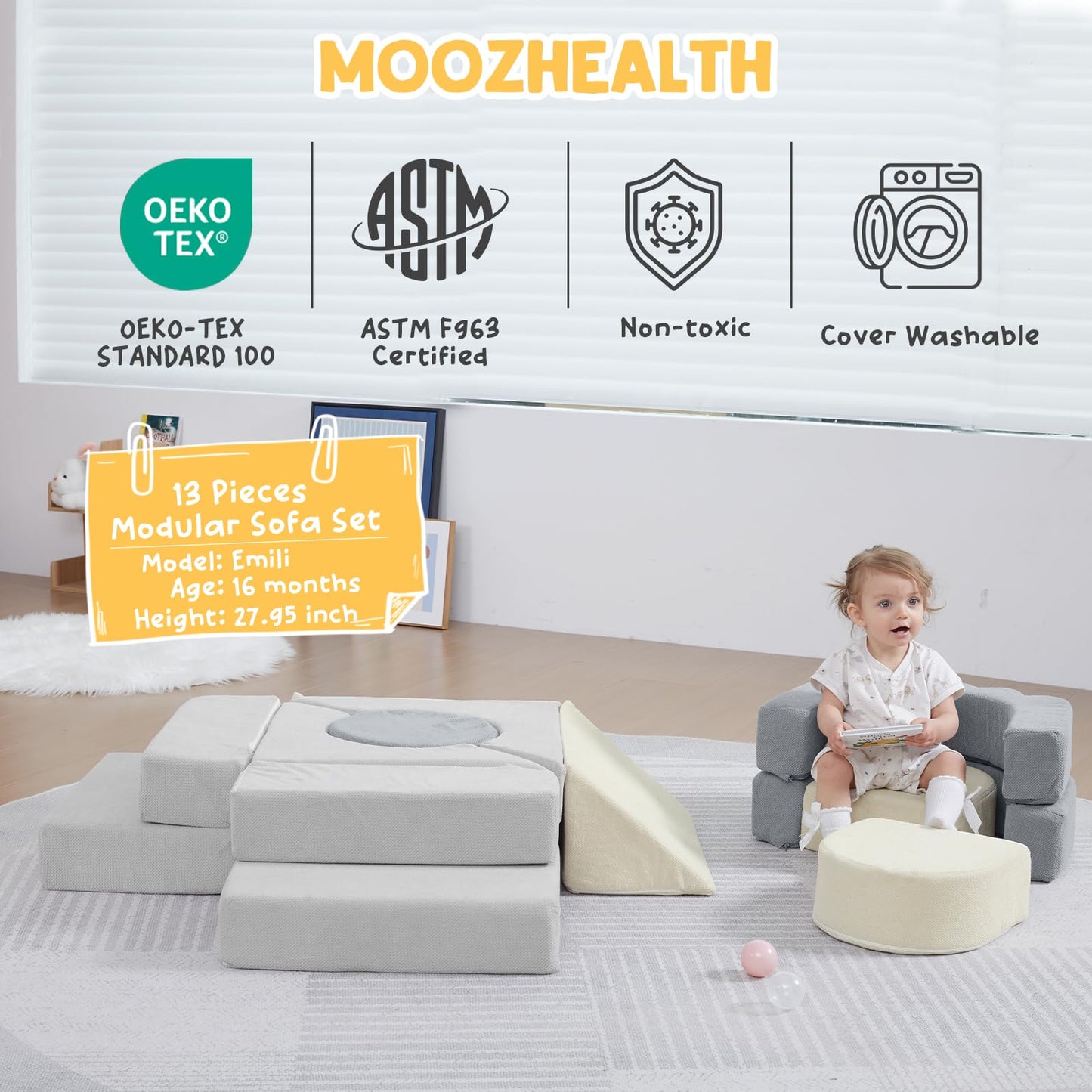 13 Pieces Foam Climbing Blocks for Toddlers 1-3|Kids Floral Soft Play Climbing for Indoor,Infant Modular Crawing Toys with Washable Cover for Playroom,Bedroom,Nursery and Preschool,Gray & Beige