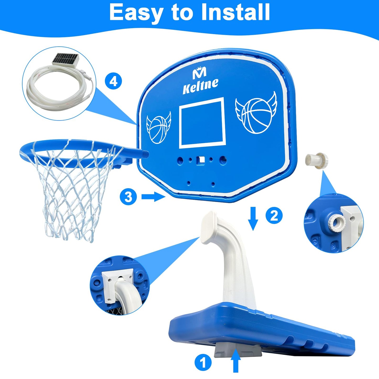 LED Pool Basketball Hoop Poolside, Super Bright Large Solar Powered Basketball Hoop for Pool, Swimming Pool Basketball Game Toys with Lengthen Sturdy Base for Kids Adults, Includes 2 Balls and Pump