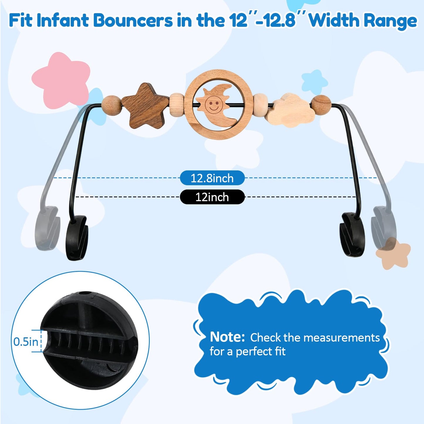 SeaZeHui Natural Wooden Activity Toy Bar for Baby Bjorn Bouncer, 360° Rotating Smiling Moon Hanging Toys for Infant Car Seat & Stroller, Sensory Development Toy 0-12 Months