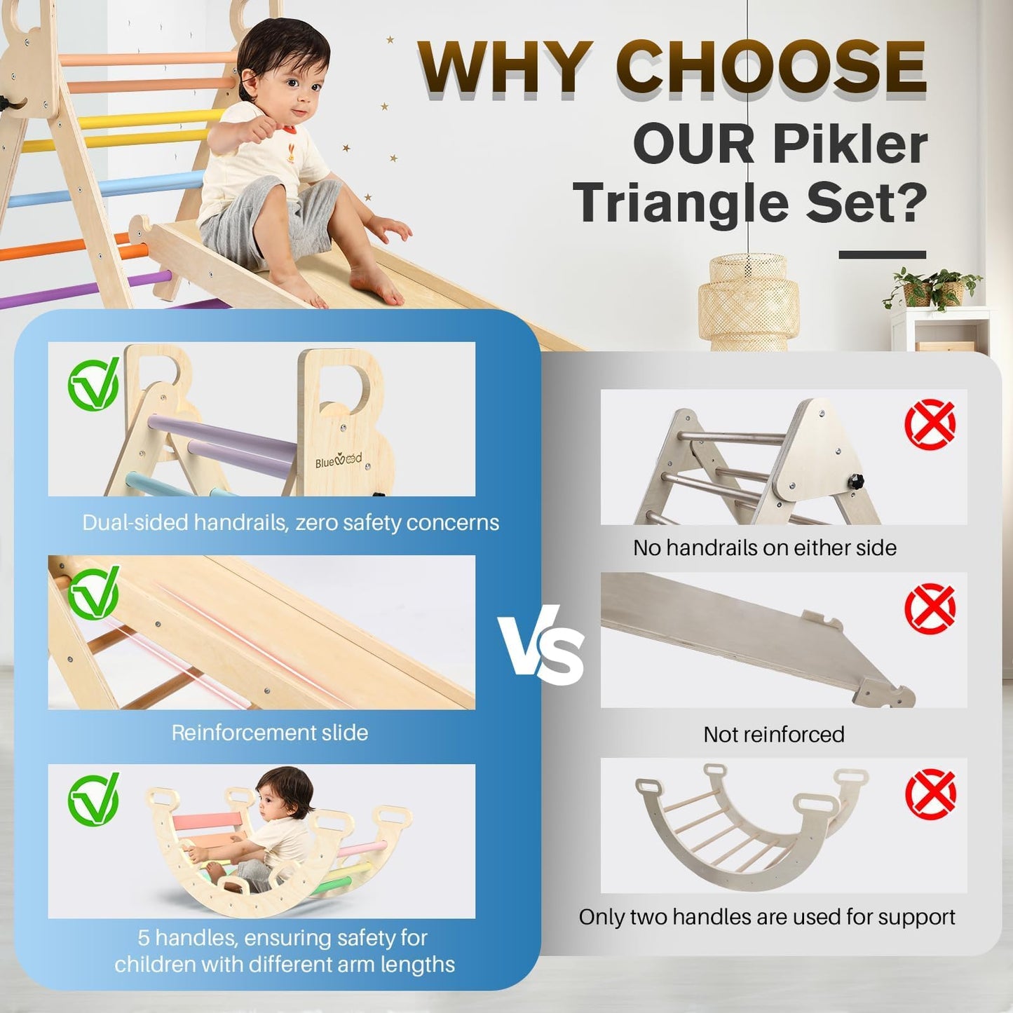 BlueWood Pikler Triangle Set 7in1 Foldable Baby Climbing Toys Wooden Montessori Climbing Set with Arch&Ramp&Ladder Baby Climber Indoor Jungle Gyms for Toddlers Montessori Toys - Rose Garden