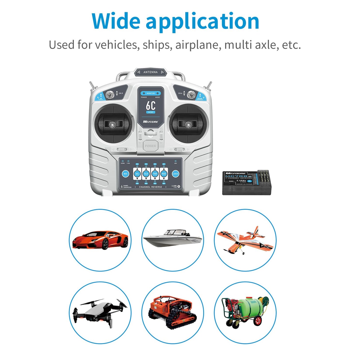 GoolRC MicroZone 6CH RC Transmitter and Receiver Compatible with MC6RE, E6R-E, MC7RB, and MC9002 2.4GHz Radio Controller for SU27 RC Airplane Drone Multirotor Helicopter Car Boat