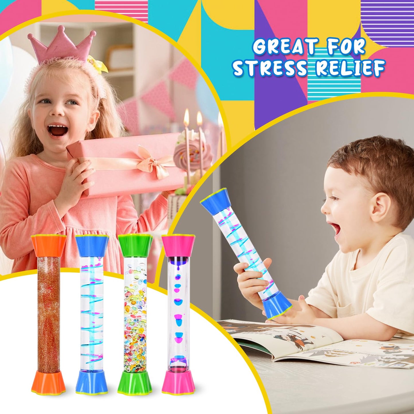 FKYTION Cool Tubes Toy Liquid Motion Bubbler 4-Pack, Colorful Sensory Toys, Classroom Learning & Time Management, Home or School Desktop Toys