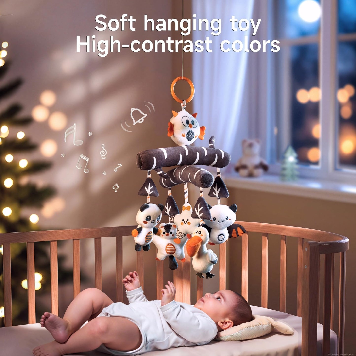 TUMAMA Black and White Baby Crib Stroller Hanging Toys, Cute Plush Animal Baby Crib Mobile Rattle Toy, High Contrast Sensory Baby Toy for 0 3 6 9 to 12 Months