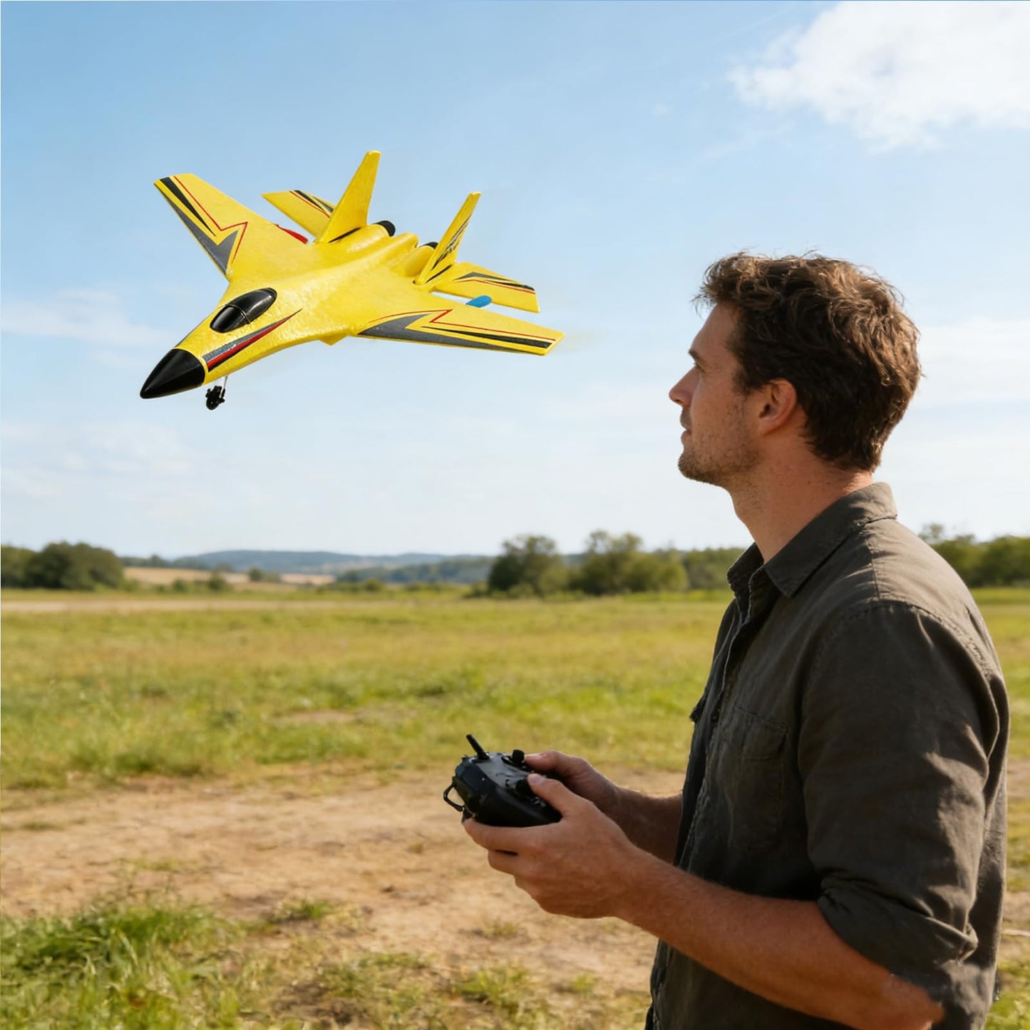 RC Airplane, Glider Aircraft,for 14+Ages Teens and Adults,Durable Lightweight Foam RC Plane with Smart Gyro/LED Lights/3 Rechargeable Batteries,360° Flip with Stable Flight for Outdoor (Yellow)