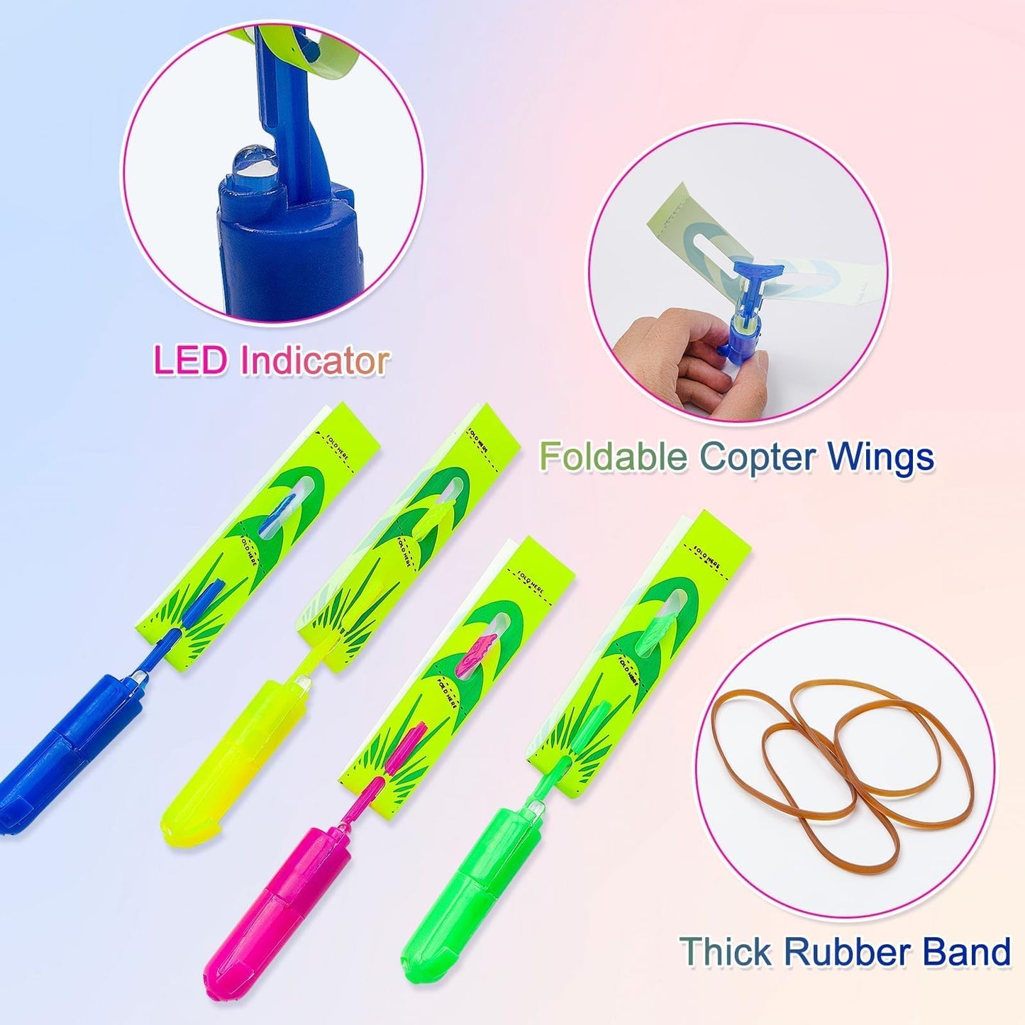Slingshot Flying with Lights, Copter Launcher, 4 Color Slingshot for Kids, Rubber Band Launched Helicopter Toy, Includes 12 Helicopters +12 Launchers, for Summer Outdoor, Dark Party Supplies (12 Sets)