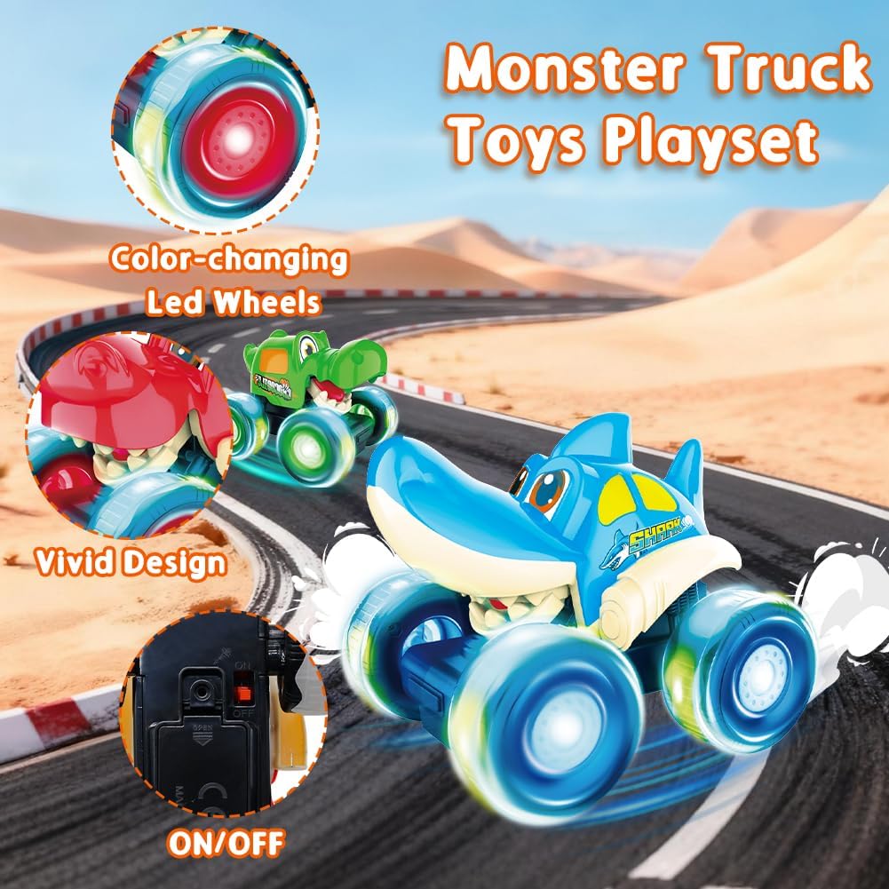 Monster Truck Toys, Light Up Monster Trucks for Boys Age 4-7, Toy Cars for Toddlers 1-3 with Shark Bull Crocodile Truck, Musical Press and Go Cars Kids Gifts for Birthday Easter Basket Stuffers
