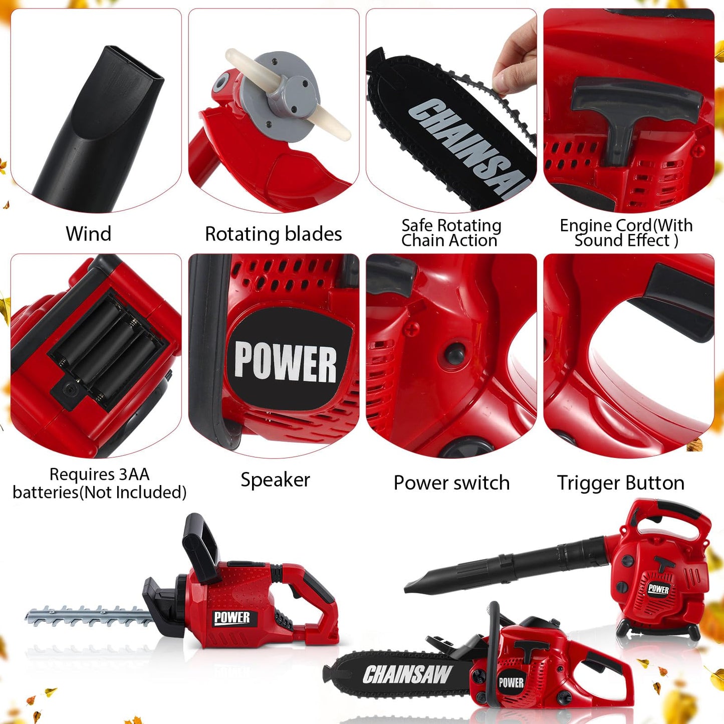 Arrowbash 3-in-1 Kids Gardening Toy Set, Toy Leaf Blower & Chainsaw & Kids Hedge Trimmer with Realistic Sound, Outdoor Backyard Play Educational Learning Birthday Summer Gift for 3-8 Boys Girls