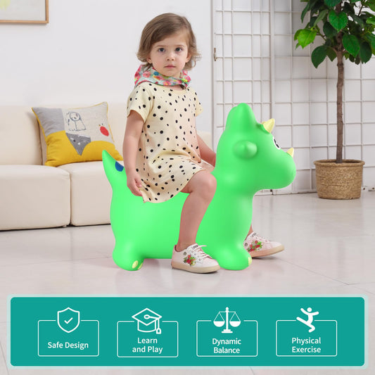INPANY Bouncy Horse, Dinosaur Hopper Toys, Toddler Bouncing Animal, Dinosaur Party Decorations, Inflatable Ride on Rubber Triceratops Bouncer, Outdoor Cool Birthday Gift for 2 3 4 Yr Boy Girl Green