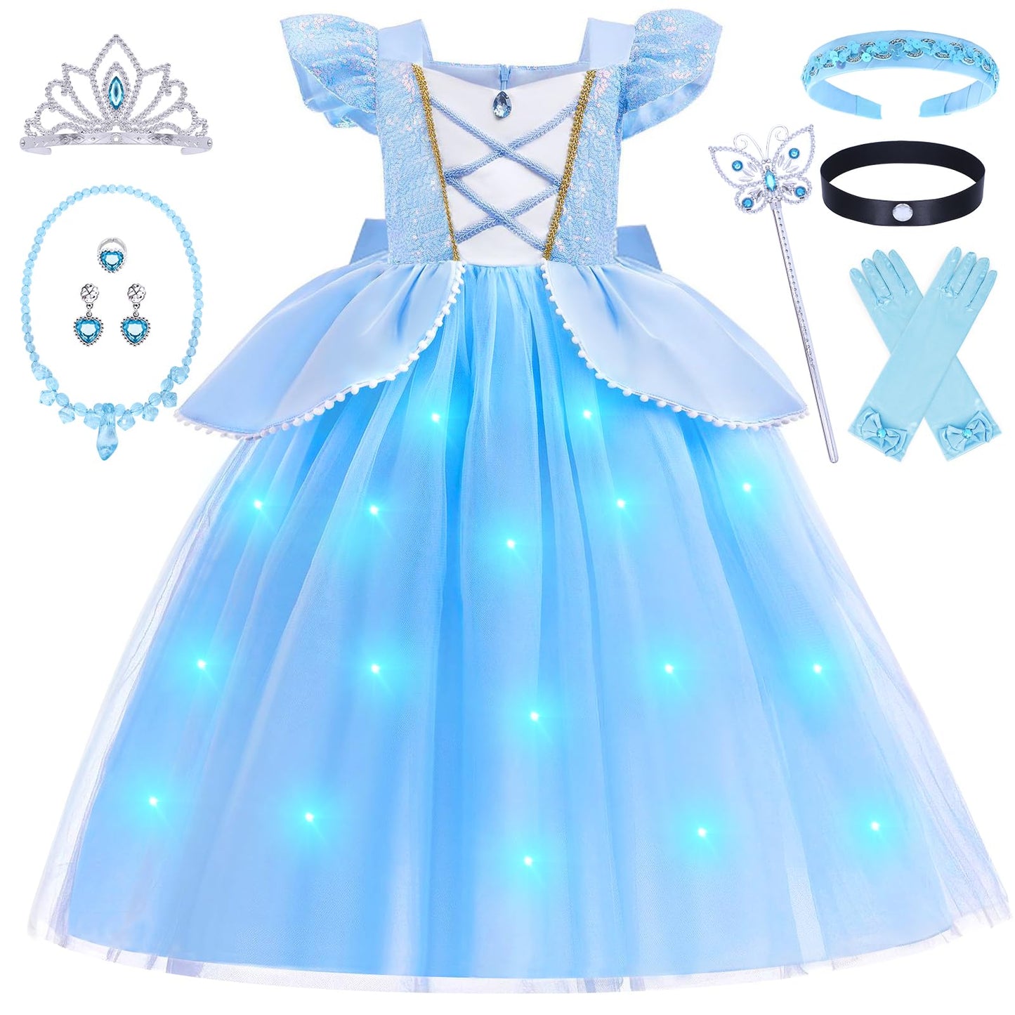 G.C 11PCS Light Up Cinderella Costume Dress for Girls Kids Princess Dress Up Clothes with Crown Wand Earrings Necklace Gloves Toys Accessories Halloween Cosplay Outfit for Little Girls Toddlers