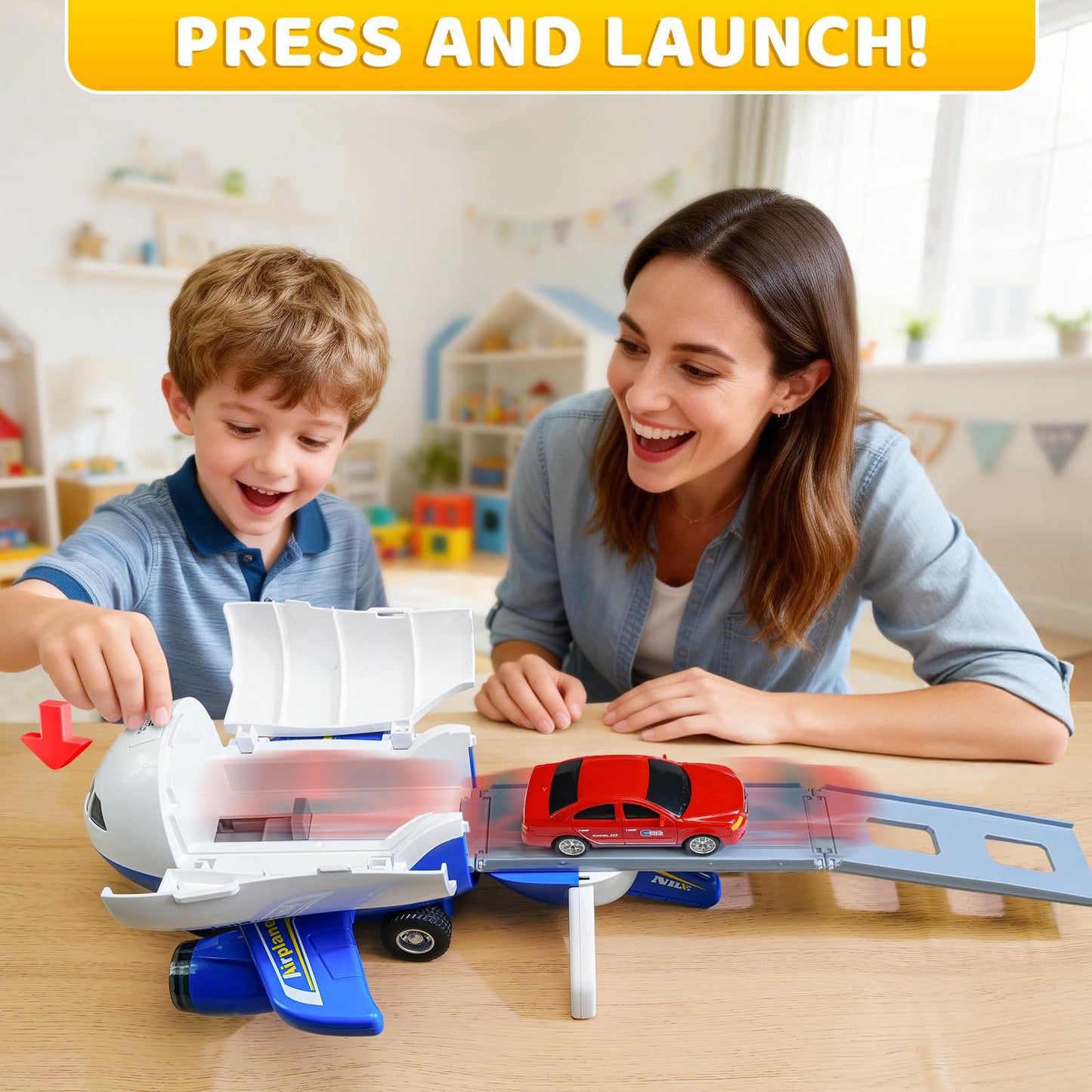 Beestech Airplane Toys with Runway and Car, Friction Powered Launcher Plane Toys for Boys Girls Kids Toddlers 3 4 5 6 Year Olds, Birthday Gifts (Blue)