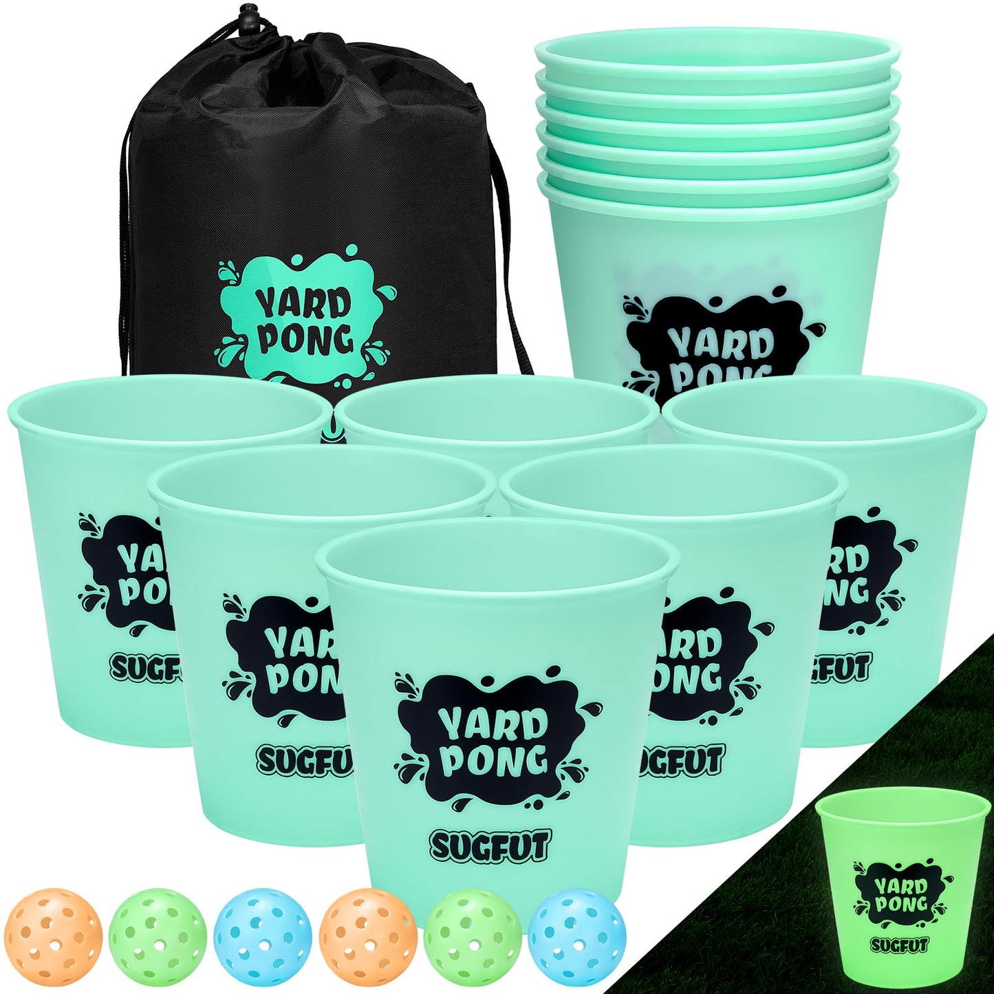 Yard Pong Outdoor Games Glow in Dark with 12 Buckets and 6 Balls, Backyard Toss Games Glow Yard Game for Adults, Family and Kids
