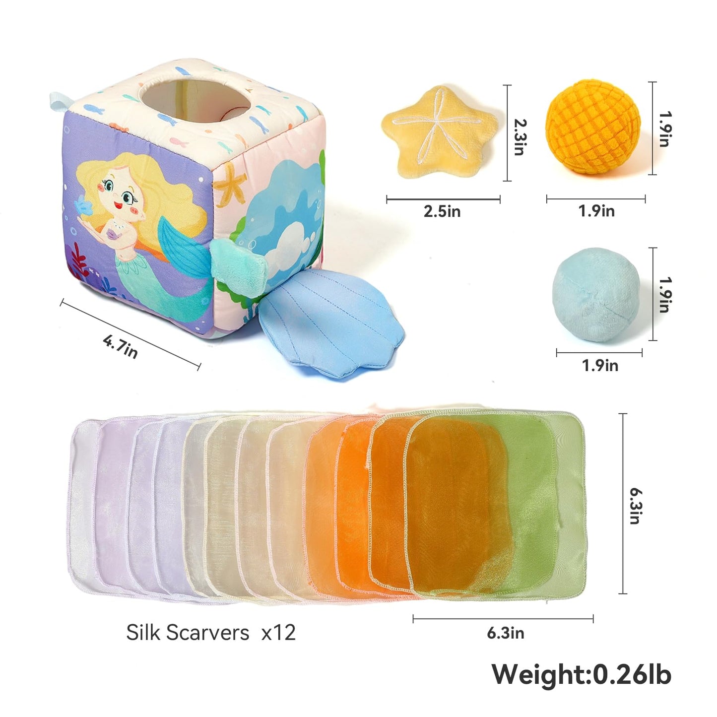 Youuys Baby Tissue Box Toy for Babies 6-12 Months - Montessori Sensory Busy Cube Toys with 3 Textured Balls & 12 Silky Scarves - Ideal Gift for Toddler Girls Ages 6 12 18 Months (Mermaid Theme)