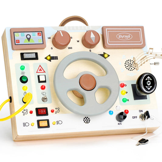 Joyreal Toddler Busy Board with LED Lights, Steering Wheel, Sounds, Montessori Toys for 1+ Year Old, Fidget Board Sensory Travel Toy, Gifts for Boys and Girls
