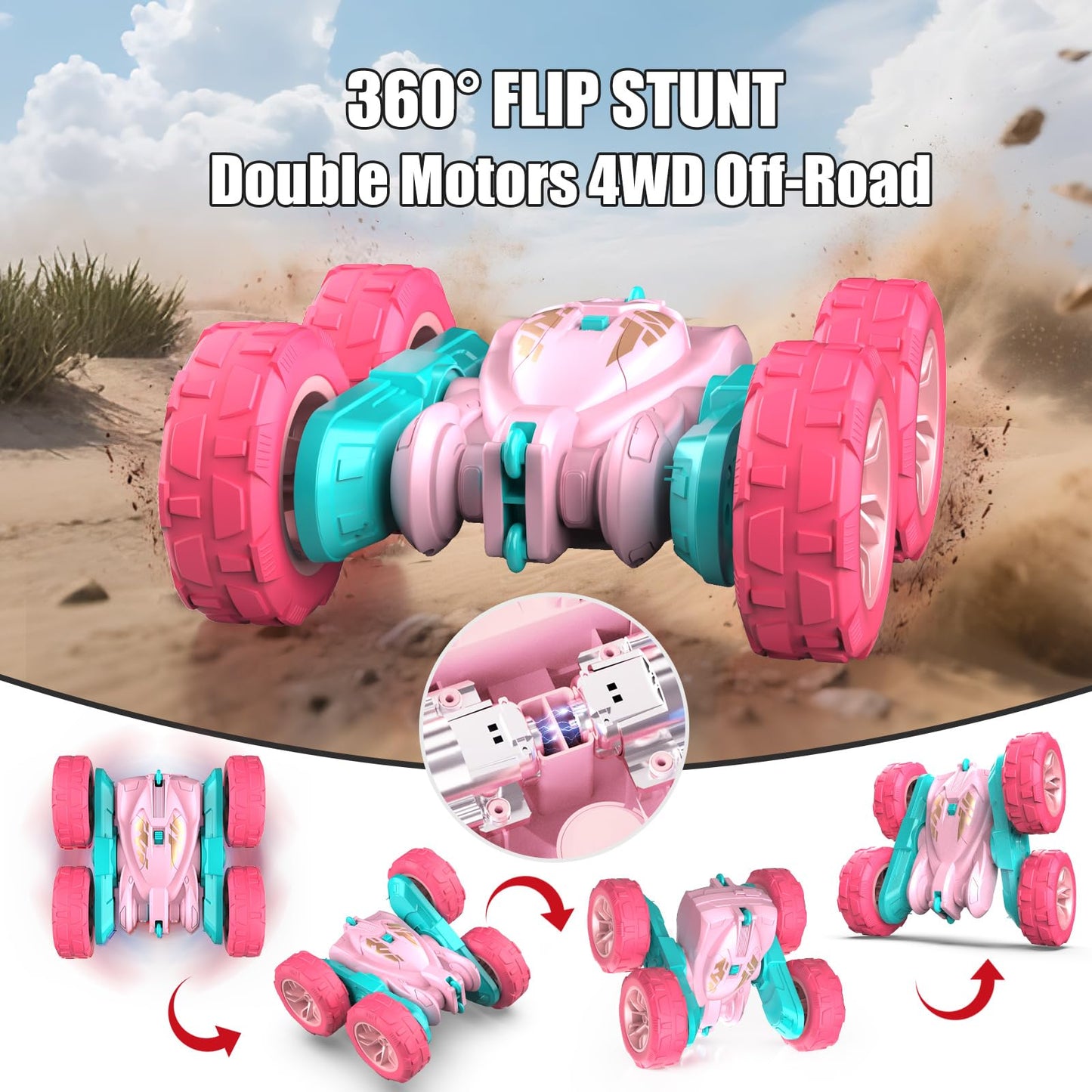 RacingFun Pink Remote Control Car for Girls，2.4 Ghz Double Sided RC Cars 360° Rotating Remote Control Crawler with USB-C Easy Charging Car Toys for 4 5 6 7 8 9 10 Girls Birthday Gift Grandkids