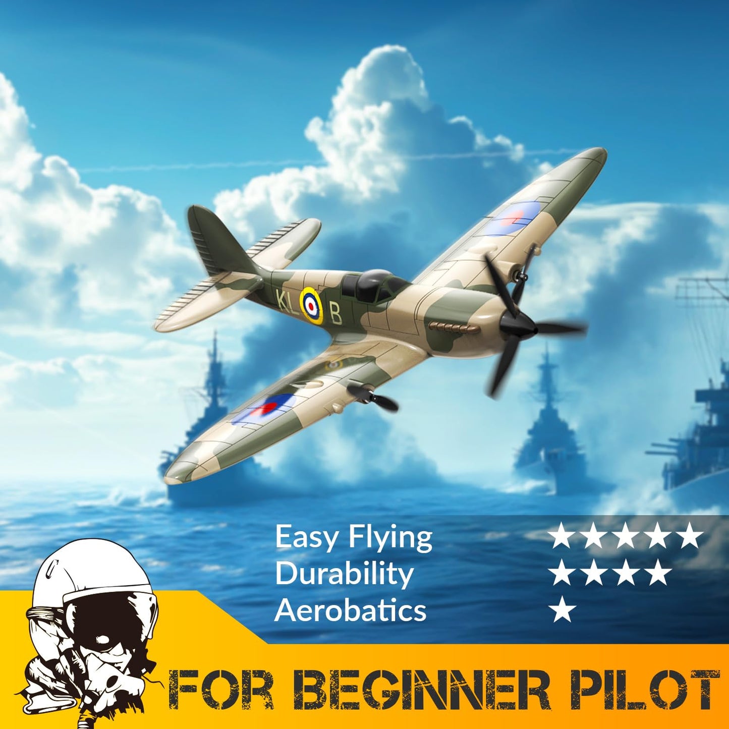 volantexrc RC Plane 3 Channel Remote Control Plane Fighter Spitfire with 6-axis Gyro, 2.4GHz RTF Radio Controlled Aircraft Easy to Fly for Beginners Adults (76205 RTF)