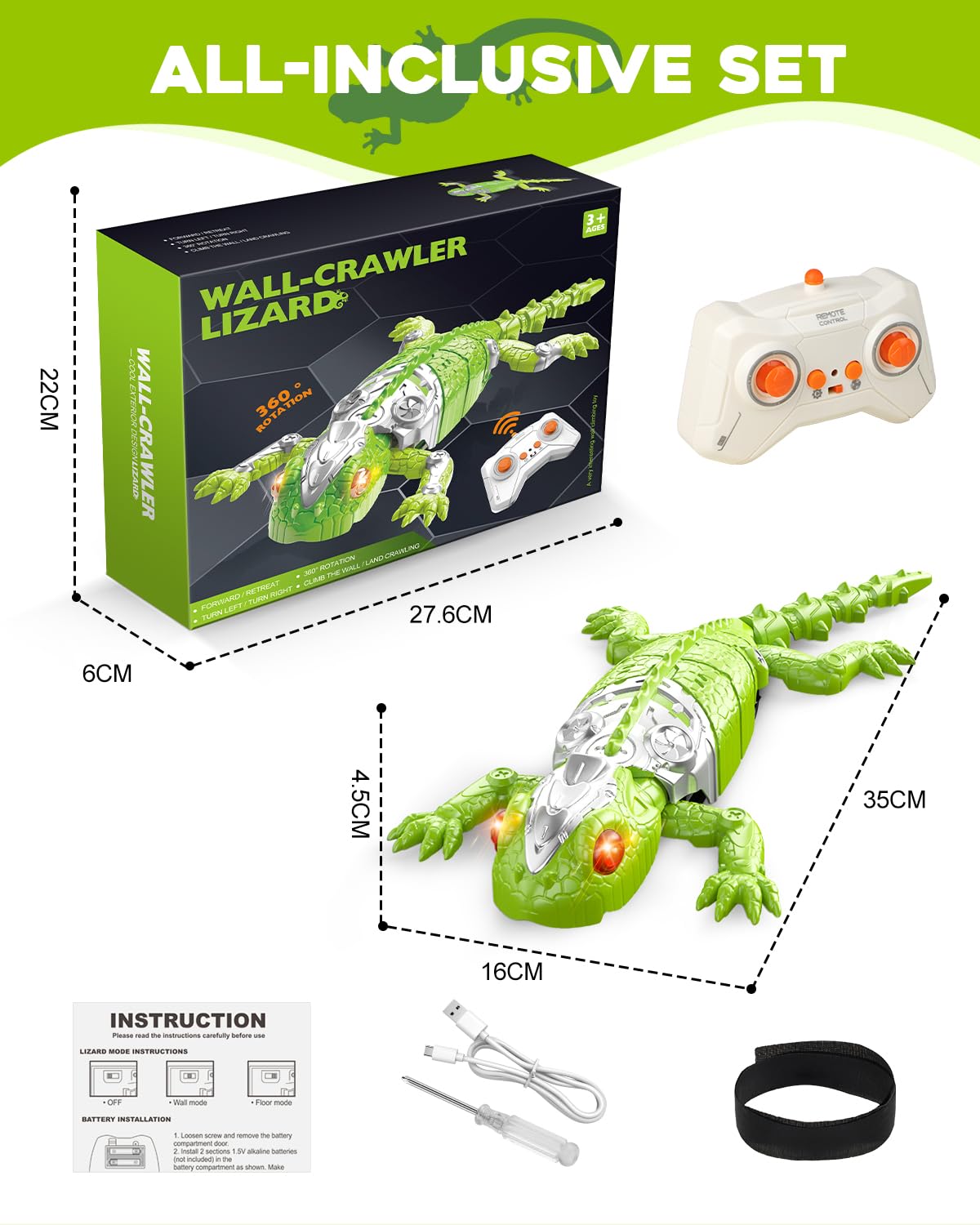 Wall Climbing Gecko Toy for Kids, Dual Mode Floor & Wall Driving, Rechargeable Remote Control Robot, Climbs up Toys & Games, Halloween Christmas Birthday Gifts for Boys Girls Ages 4 & Up（Green）
