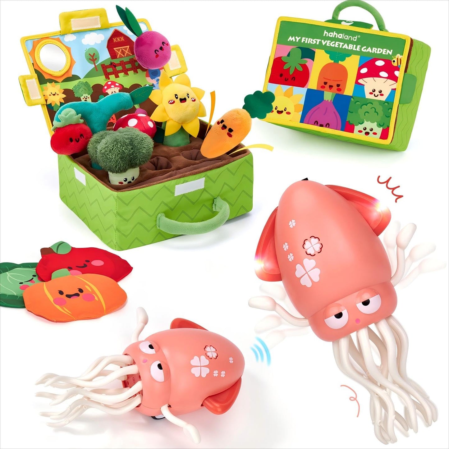 hahaland Baby Toys 6-12 Months - Fruits Vegetables Garden Plant Plush and Dancing Squid Toy - Tummy Time Toys, Crawling Toys, Wiggling Musical Standing Toy