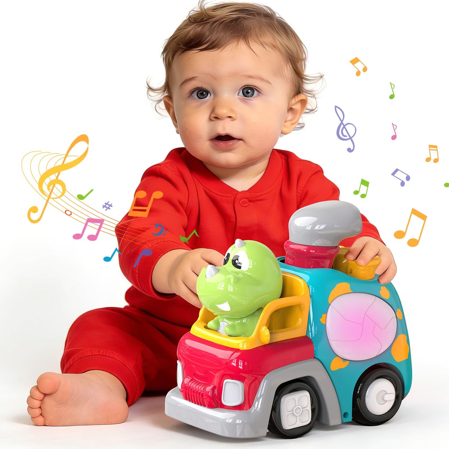 P&C Dinosaur Truck Toys for 1 2 3 Year Old Boys Girls, 18-36 Months Baby Toy with Music & Lights, Montessori Learning Toy for Crawling Walking, Educational Push Car for Toddlers, Birthday Gift