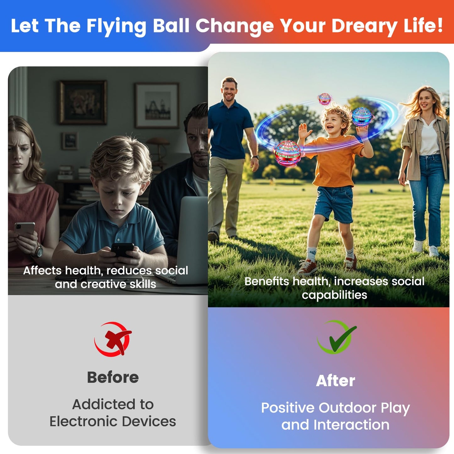 NWLAEWR Flying Orb Ball Toy, 2026 Upgrade Hand Controlled Hover Ball with LED Lights, 360° Rotating Boomerang Globe, Cool Mini Drone, Ideal Birthday&Christmas Gift for Boys Girls-Blue & Red