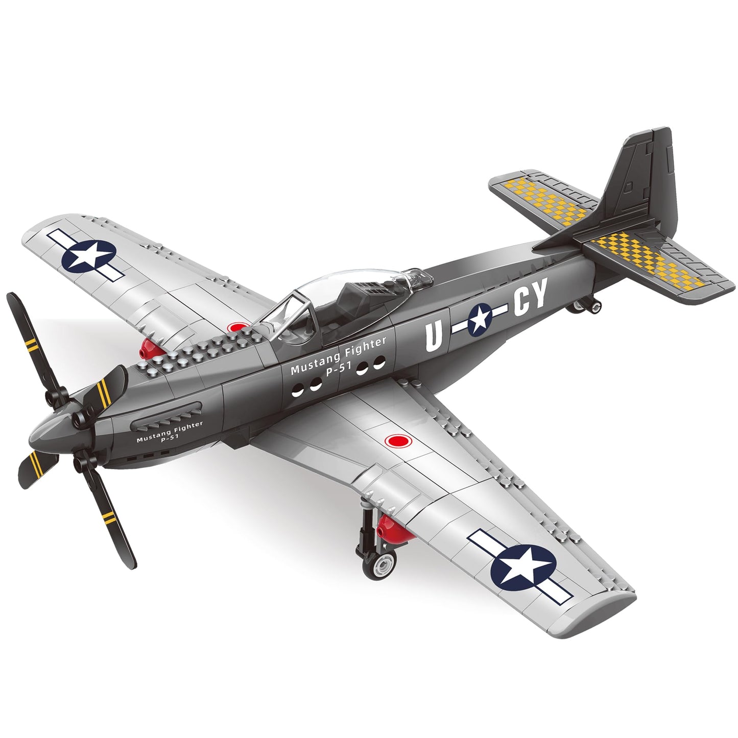 General Jim's WWII US P-51 Mustang Historical Fighter Plane Brick Building Blocks Set, 258 Pieces, 1:25 Scale, Spinning Propeller, Adjustable Flaps, Compatible with Major Brick Brands, GJ-P51