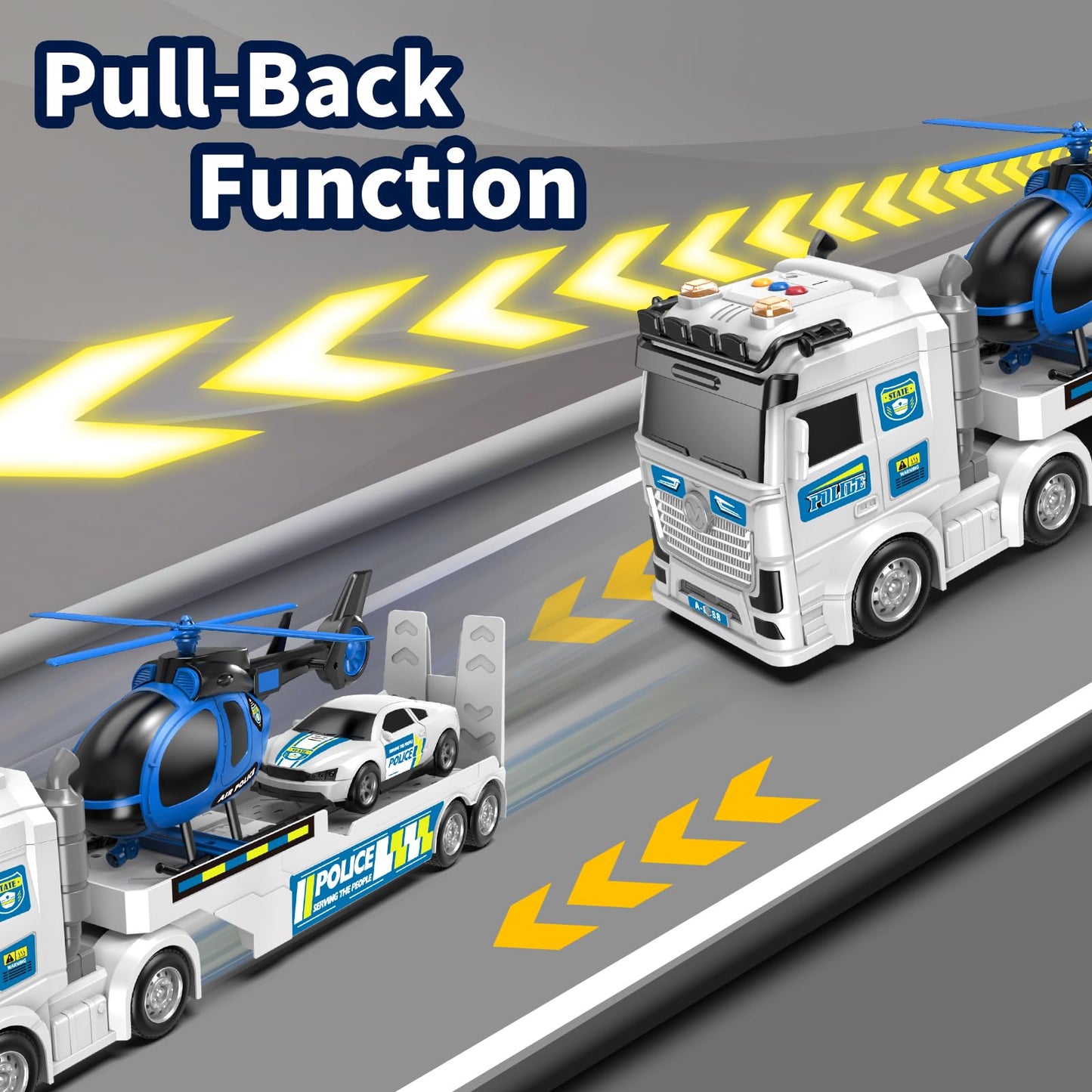 DWIRCTOYS Kids Toys for Ages 3 4 5 6 7 8 Years Old Boys, 25" Large Police Semi Truck with Helicopter & Race Car, Friction Powered Vehicle with Lights & Sounds,Birthday Gift for Boys Girls
