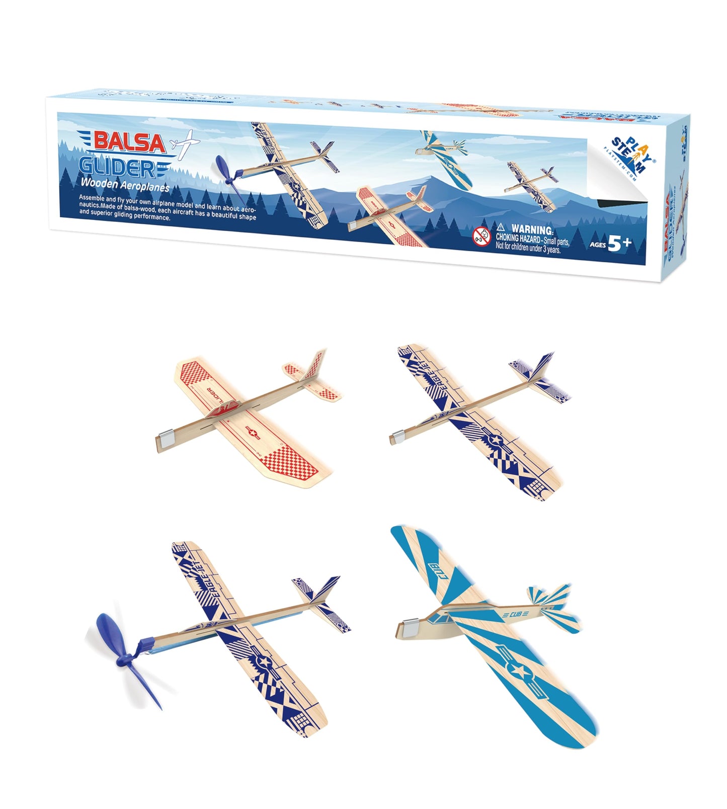 PLAYSTEM Balsa Wood Airplane Kit - 4 Pack Model Gliders & Rubber Band Powered Planes | Outdoor Toy Set for Kids | STEM Learning Airplanes | Easy Assembly No Glue Needed
