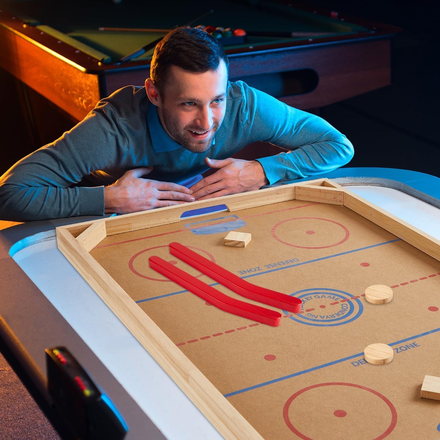 Conderyang Wooden Tabletop Hockey Game Includes 1 Wooden Game Board 2 Hockey Sticks and 2 Pucks Indoor and Outdoor Sports Board Games for Kids Children Adults Family