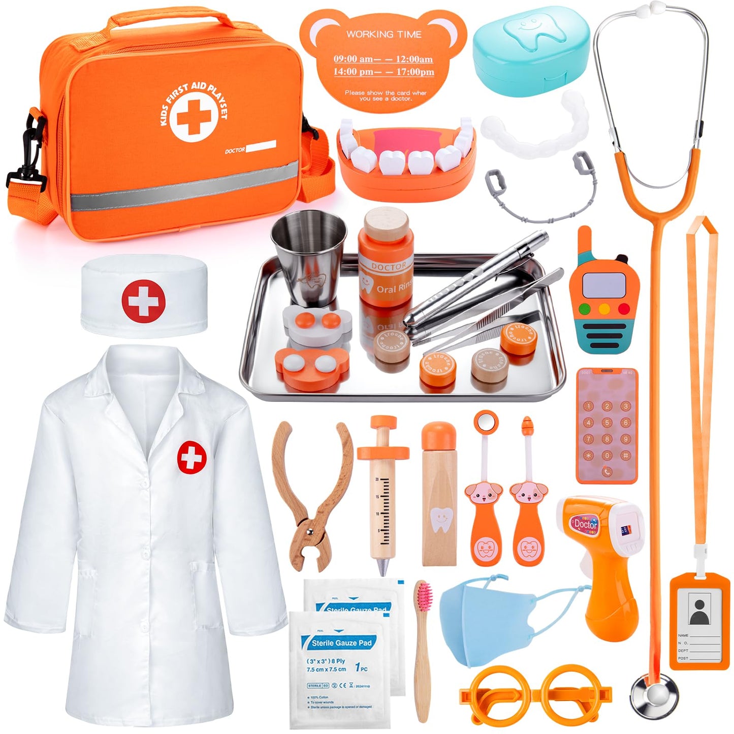 Kids Dentist Play Set, Wooden Doctor Kit for Toddlers 3-5 with Real Stethoscope, Removable Teeth, Braces & Storage Bag, Pretend Play Dental Playset Medical Kits Toys Gifts for 3 4 Year Old Girls
