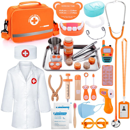 Kids Dentist Play Set, Wooden Doctor Kit for Toddlers 3-5 with Real Stethoscope, Removable Teeth, Braces & Storage Bag, Pretend Play Dental Playset Medical Kits Toys Gifts for 3 4 Year Old Girls