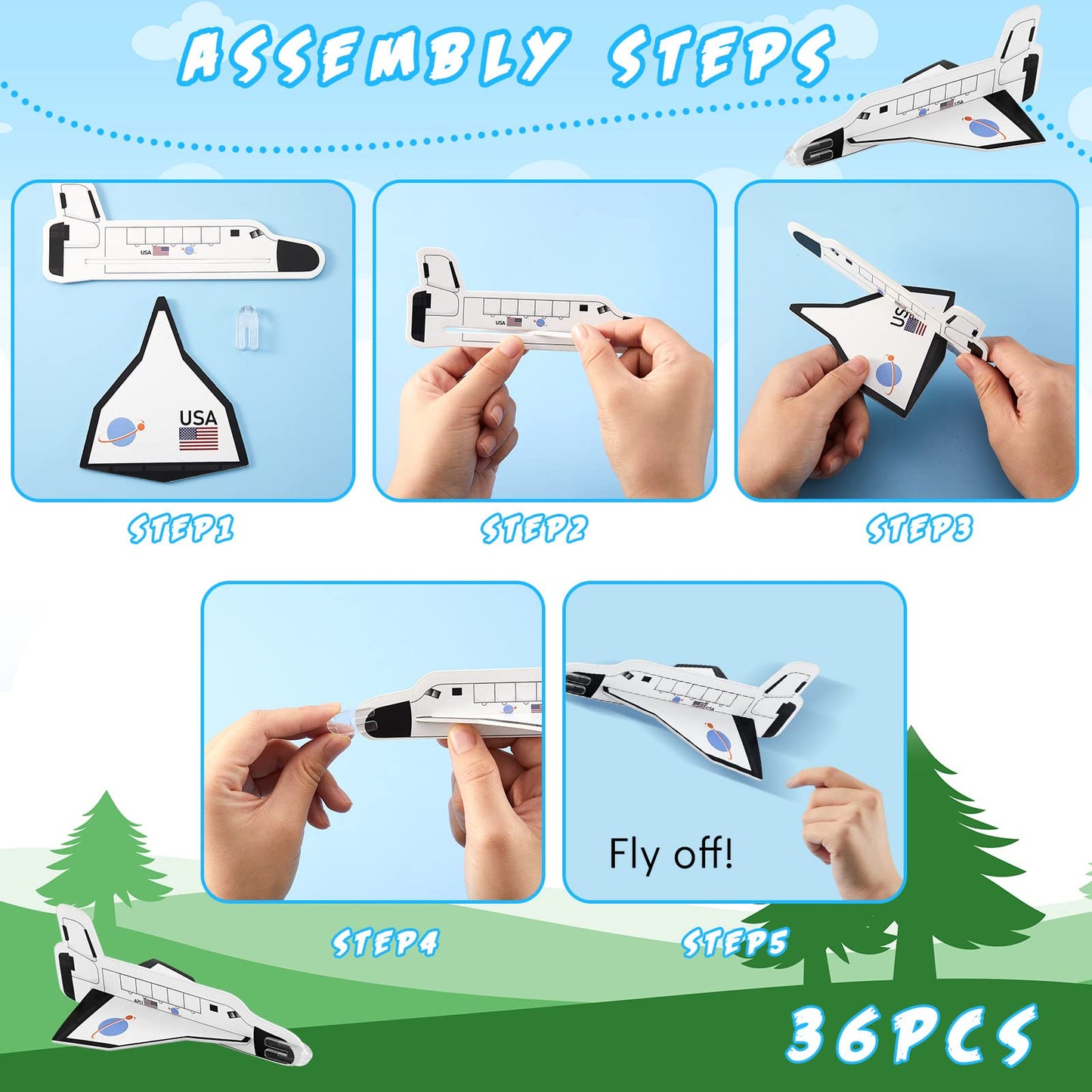 Lewtemi Set of 36 Gliders, Space Shuttle Toys Plane Flying Toys for Boys and Girls, Foam Airplane Glider for Outer Space Party Favors, Birthday Party Indoor and Outdoor