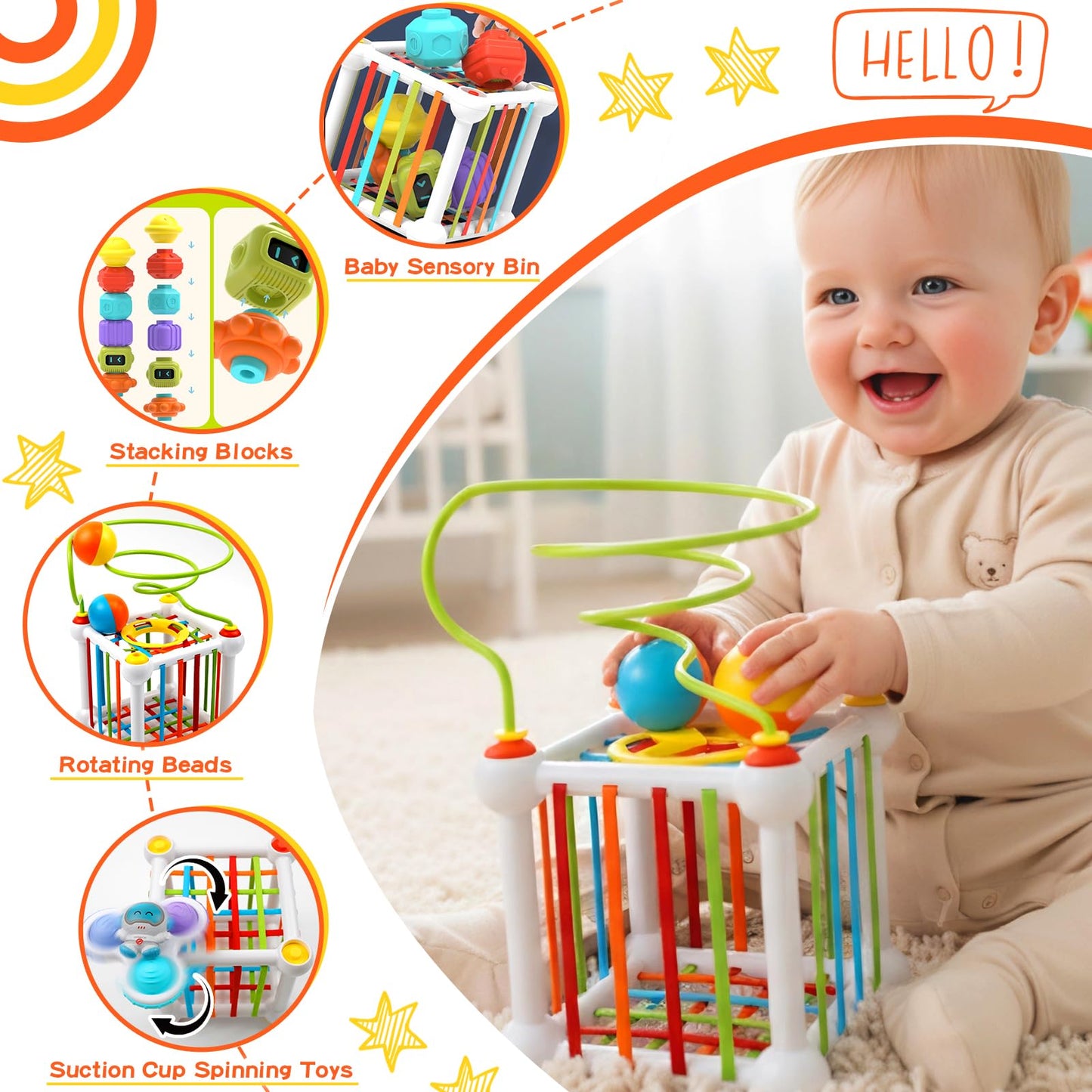 Fyxttalor Montessori Toys for Toddlers 18 Months+, 16PCS Baby Activity Cube with Shape Sorter, 3 Suction Cup Spinner Toys, 2 Bead Mazes, Ball Rolling Track, Developmental Learning Gifts for Boys Girls