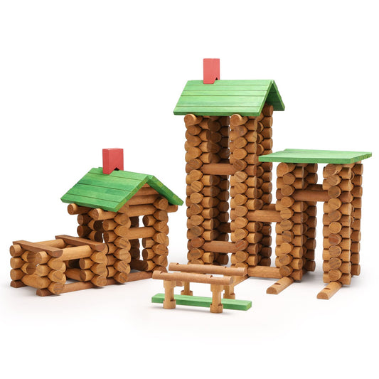 SainSmart Jr. 300 PCS Wooden Log Cabin Set Building House Toy for Toddlers, Classical STEM Construction Kit Compatible with Lincoln Logs for 3+ Kids