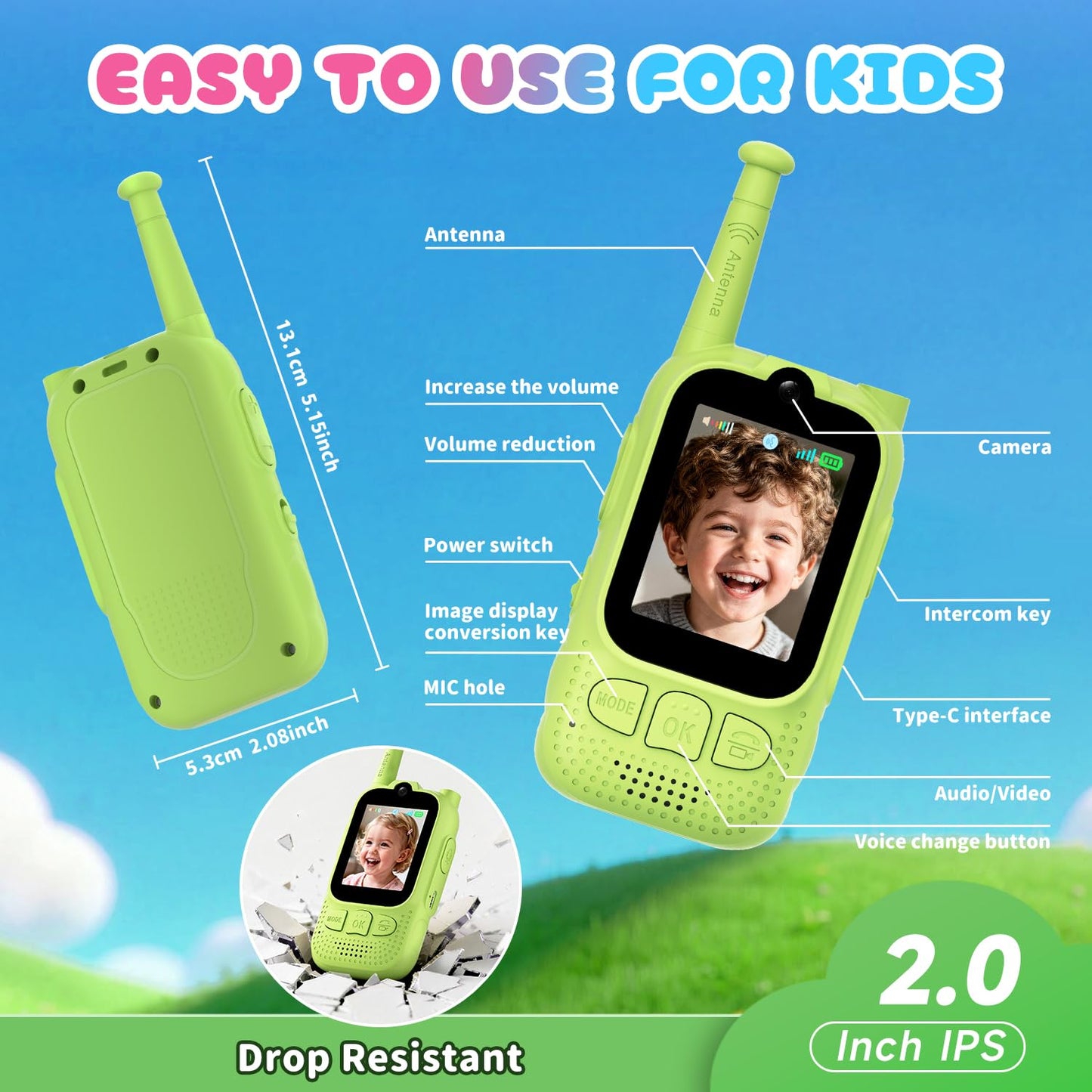 Kids Audio/Video Walkie Talkies, 2 Pack Rechargeable Walkie Talkies for Kids with 2’’ Screen & Camera & Voice Changer, Long Range Boys Girls Toys for Indoor Outdoor Camping Hiking Games (Green/Green)