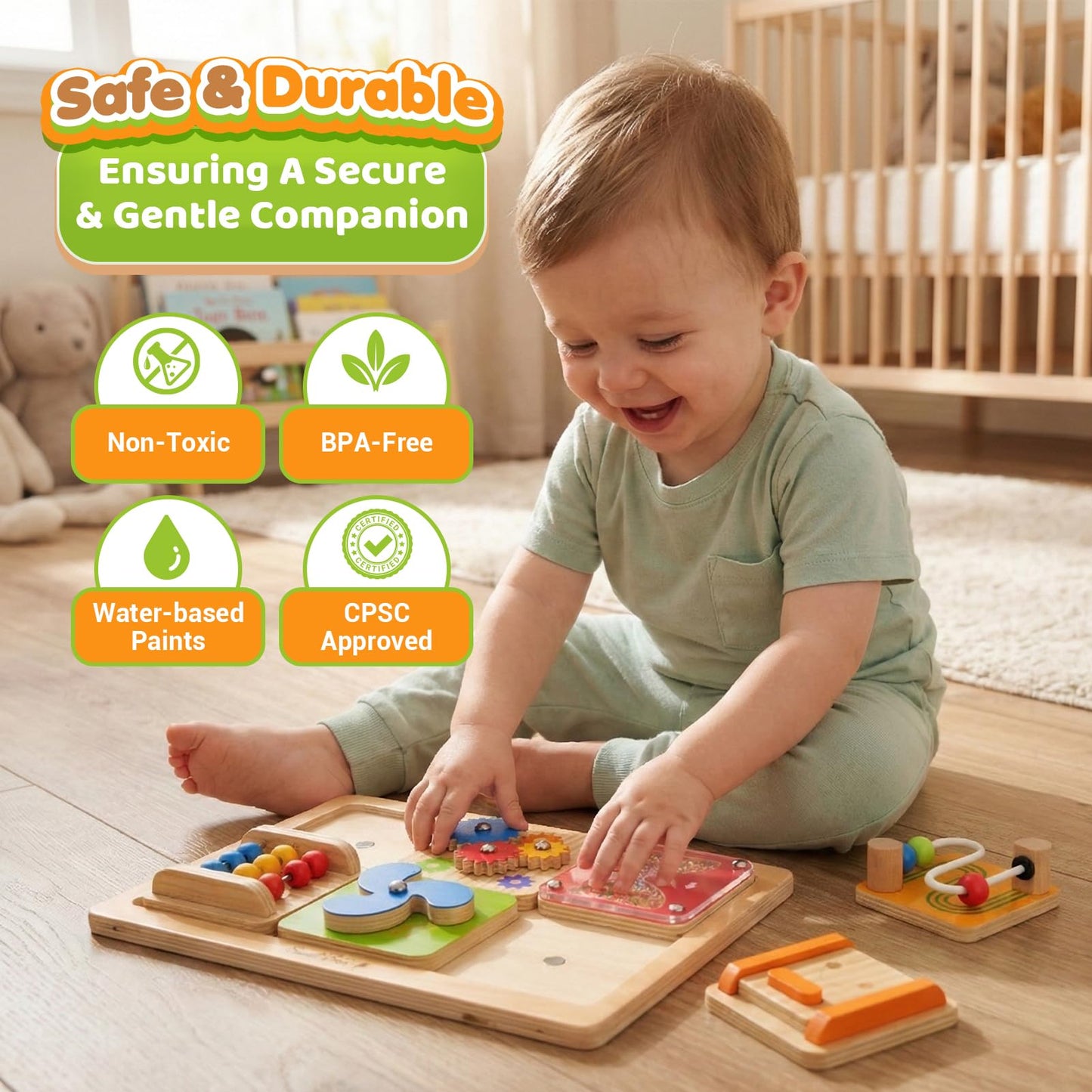 Montessori Busy Board for 1 Year Old: Modular Sensory Activity Board for Babies, Sorting & Stacking Toys for Toddlers 1-3, Learning Fine Motor Wooden Toys, Toddler Plane Activities Gifts Girls Boys