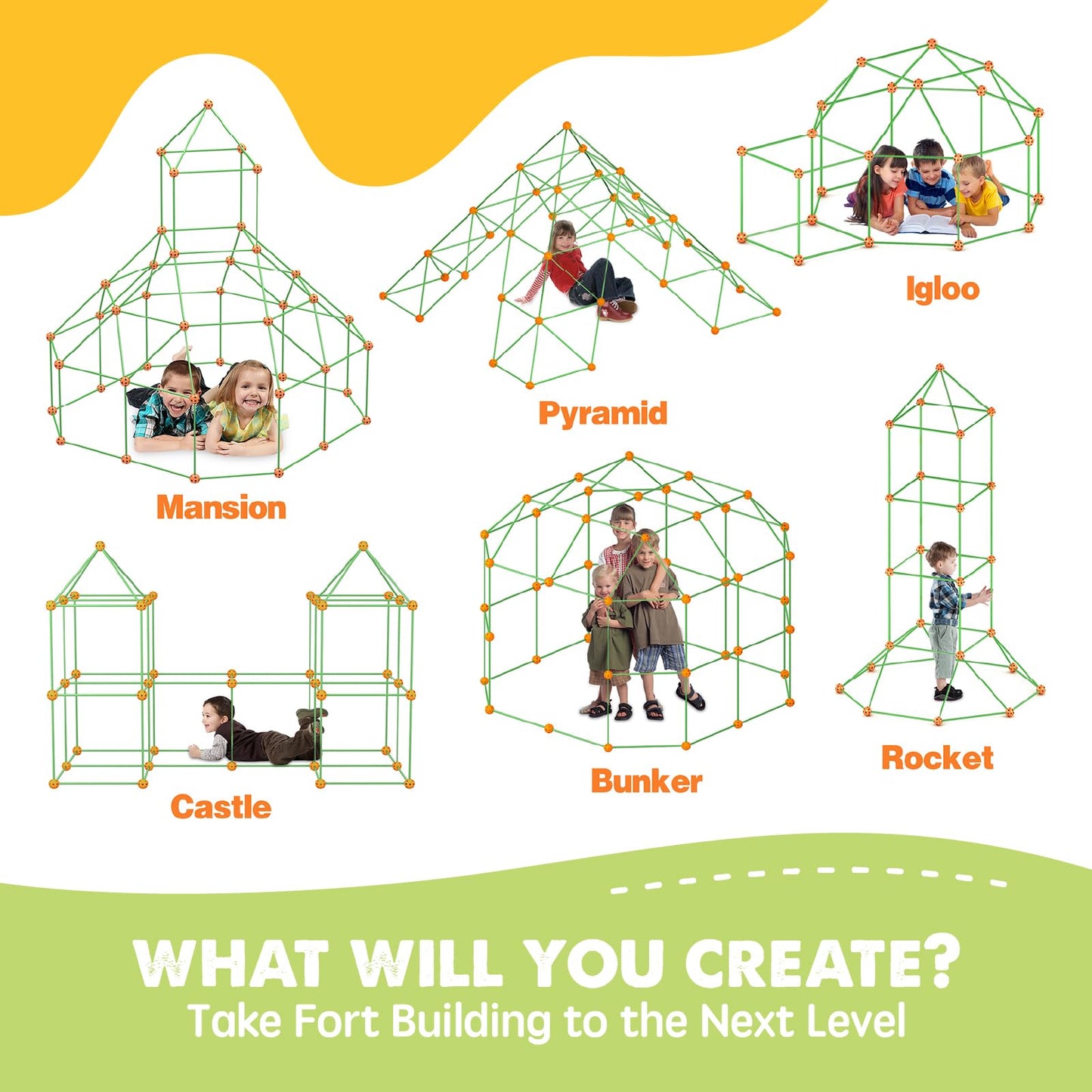 Tiny Land Fort Building Kit Creative Fort Indoor Outdoor for 5-12 Years Old Boys and Girls STEM Building Toys with Storage Bag DIY Castles Tunnels with 86 Rods and 44 Balls