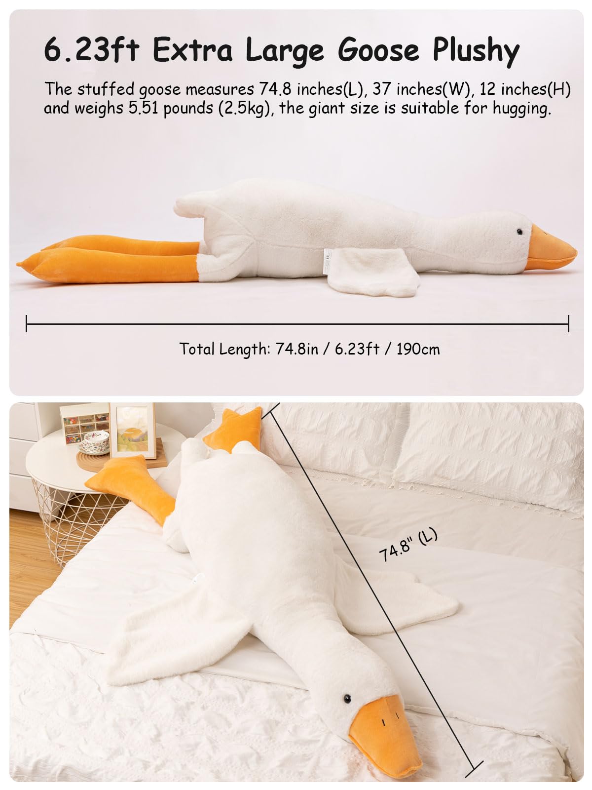 FIAEUGZKM Giant White Goose Plush Pillow, 74.8" Jumbo Fluffy Stuffed Animal Goose Hugging Body Pillow, Extra Large Soft Cuddly Plushy Birthday Gift Toy for Girls Kids Teens Adults, 6.23ft/190cm
