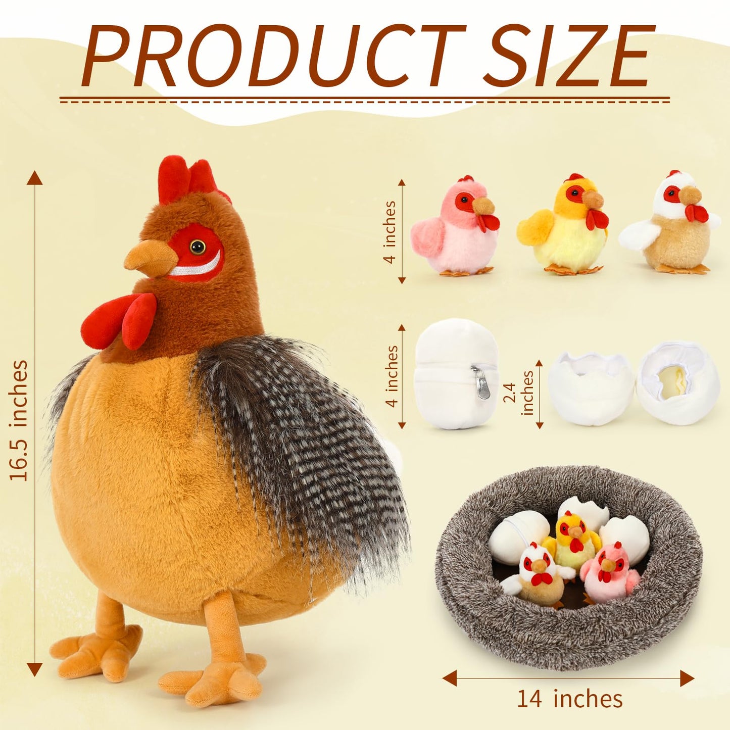 BENINY 8Pcs Chicken Stuffed Animal, Stuffed Hen with Little Baby Chicks and Coop, Rooster Plush Gifts Toys for Kids, Hit of Christmas Farm Party