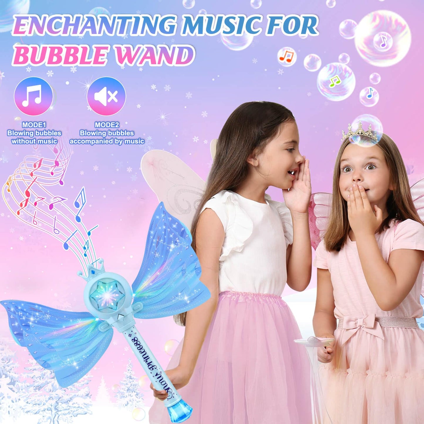 Britik Bubble Wands for Kids Girls - LED Light & Music Bubble Machine: 3 AA Batteries & 2 Bubble Solutions, Outdoor Party Birthday Toys for Toddlers, Gift for 3 4 5 6 7 8 Year Old Girls, Blue