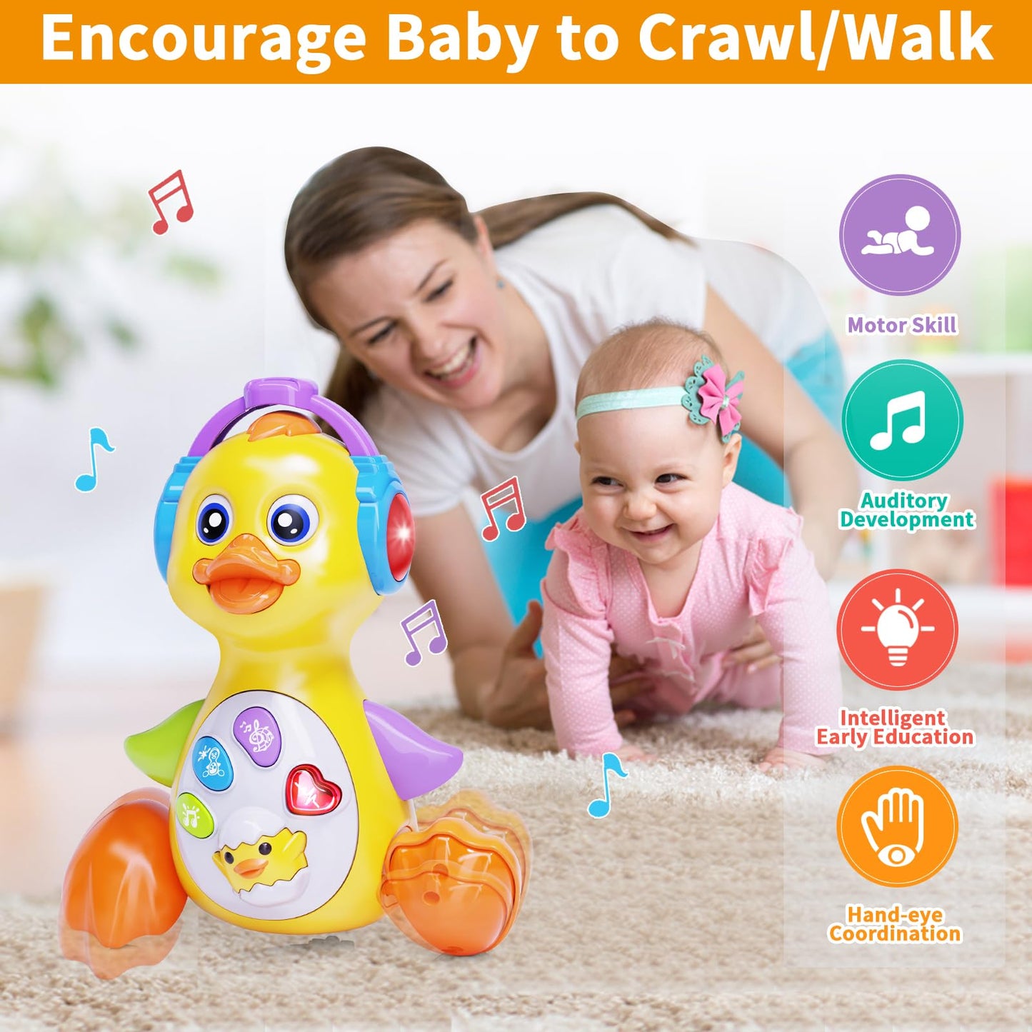 Wanonoo Dancing Duck Baby Toys 6-12 Months Developmental, Musical Crawling Infant Tummy Time 3 4 5 6 7 8 9 10 11 12 18 Month Boy Girl Moving Light Up Toddler Learning Activity Easter Birthday Gift
