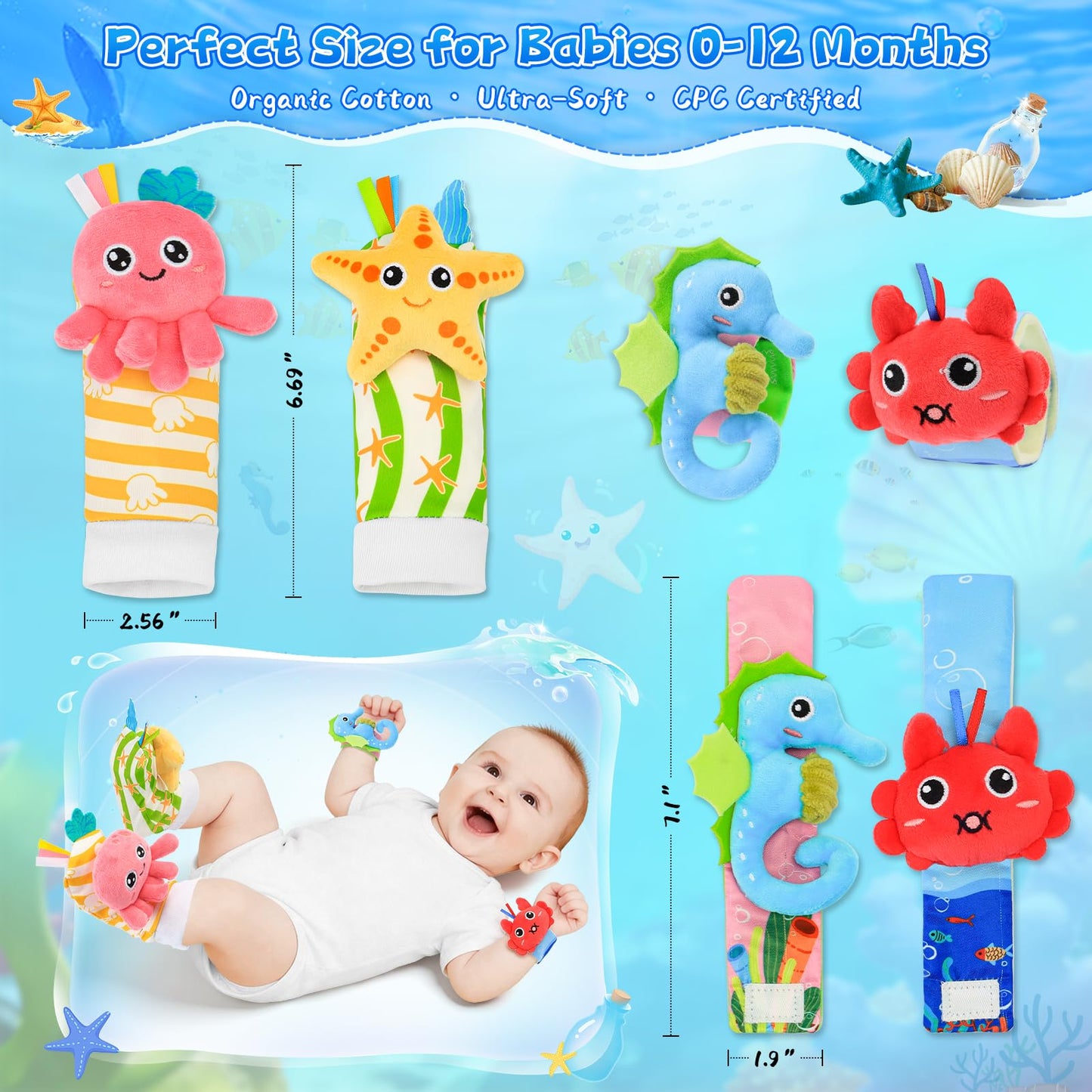 Zendstanding Baby Wrist Rattle Foot Finder Socks Set, CPC Safe Sensory Plush Toys for 0-12 Months Newborn Boys Girls, Ocean Rattles Baby Shower Registry Gift for Expecting Moms Essentials