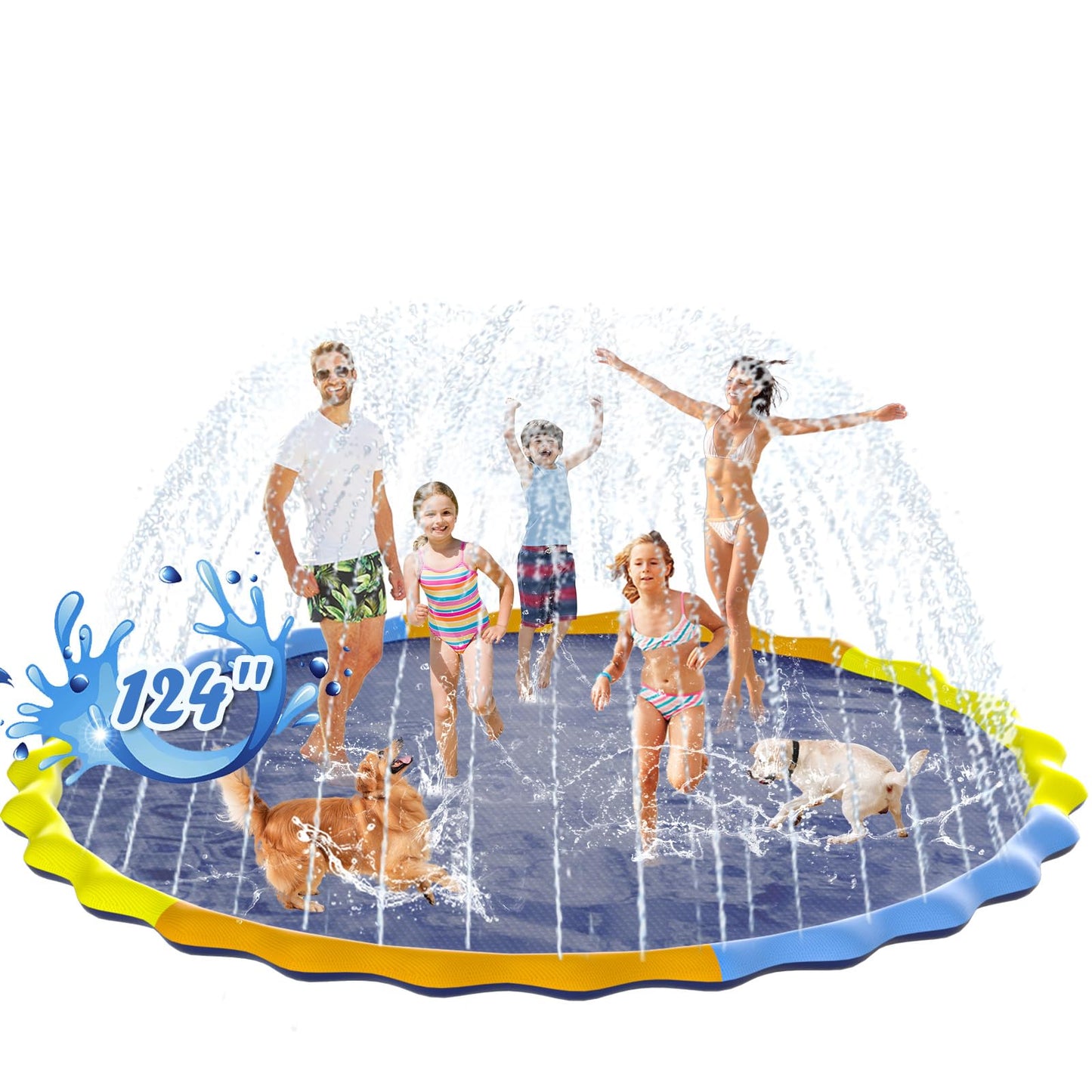 Instraella Splash Pad for Kids and Dogs, 124in Non-Slip Sprinkler Mat 0.5mm Thickened Durable and Foldable Large Pool Summer Fun Outdoor Toys for Dogs and Toddlers Age