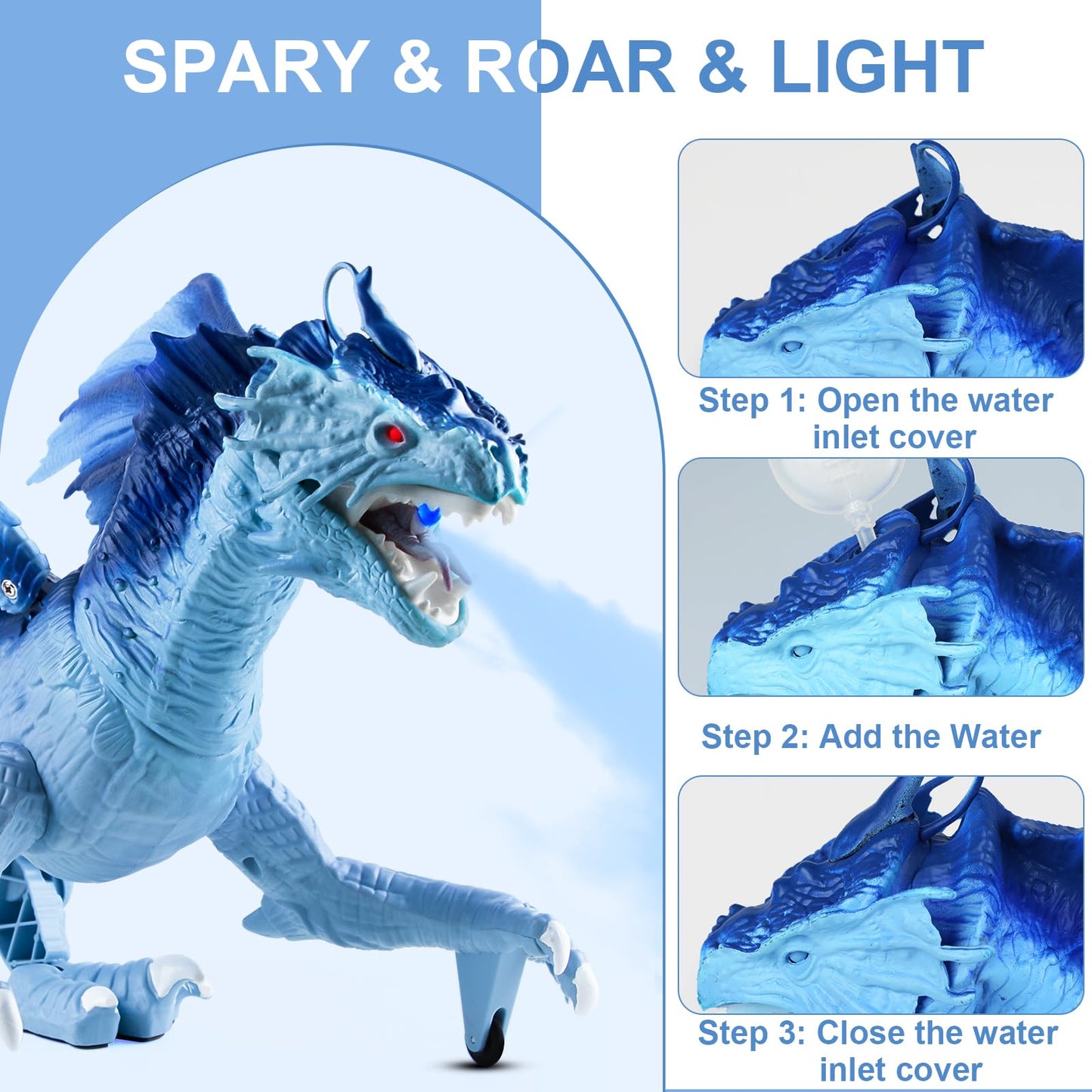 Covsen Remote Control Dragon Toy for Kids – RC Large Dragon Figure with Flapping Wings, Roaring Sound, Mist-Spraying, LED Light-Up Eyes – Birthday for Boys, Girls Ages 3+