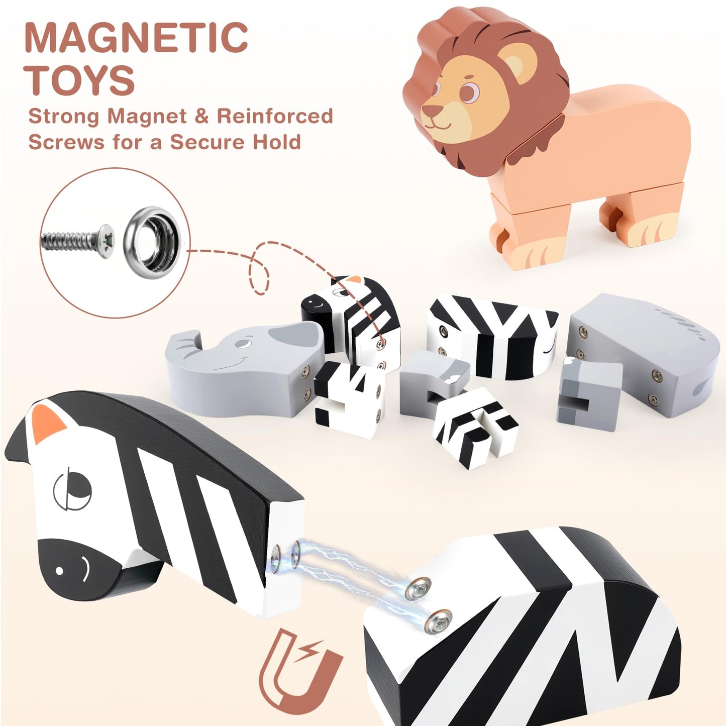 Joyreal Magnetic Jungle Animals Toy Play Set, 16 Pcs Wooden Building Blocks Play Set Toy for 1 Year Old, Fine Motor Montessori Game Preschool Educational Gift for Ages 1-5