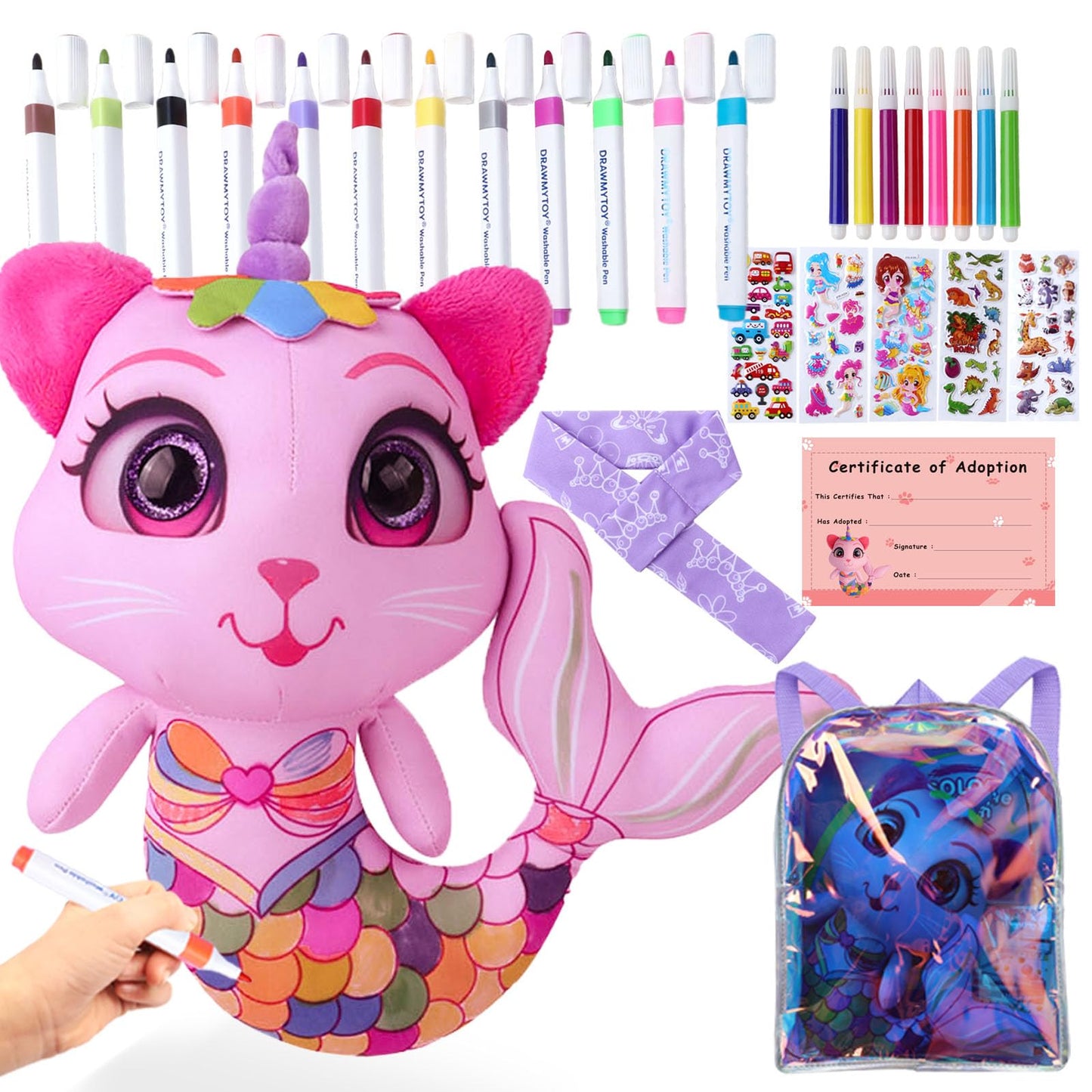 Stuffed Animal Coloring Plush Toy with 20 Washable Markers Laser Holographic Backpack Road Trip Car Game Writing Painting Set for Girls Doodle Dolls Kids Ages 3-6 Birthday(Pink Cat Mermaidr)