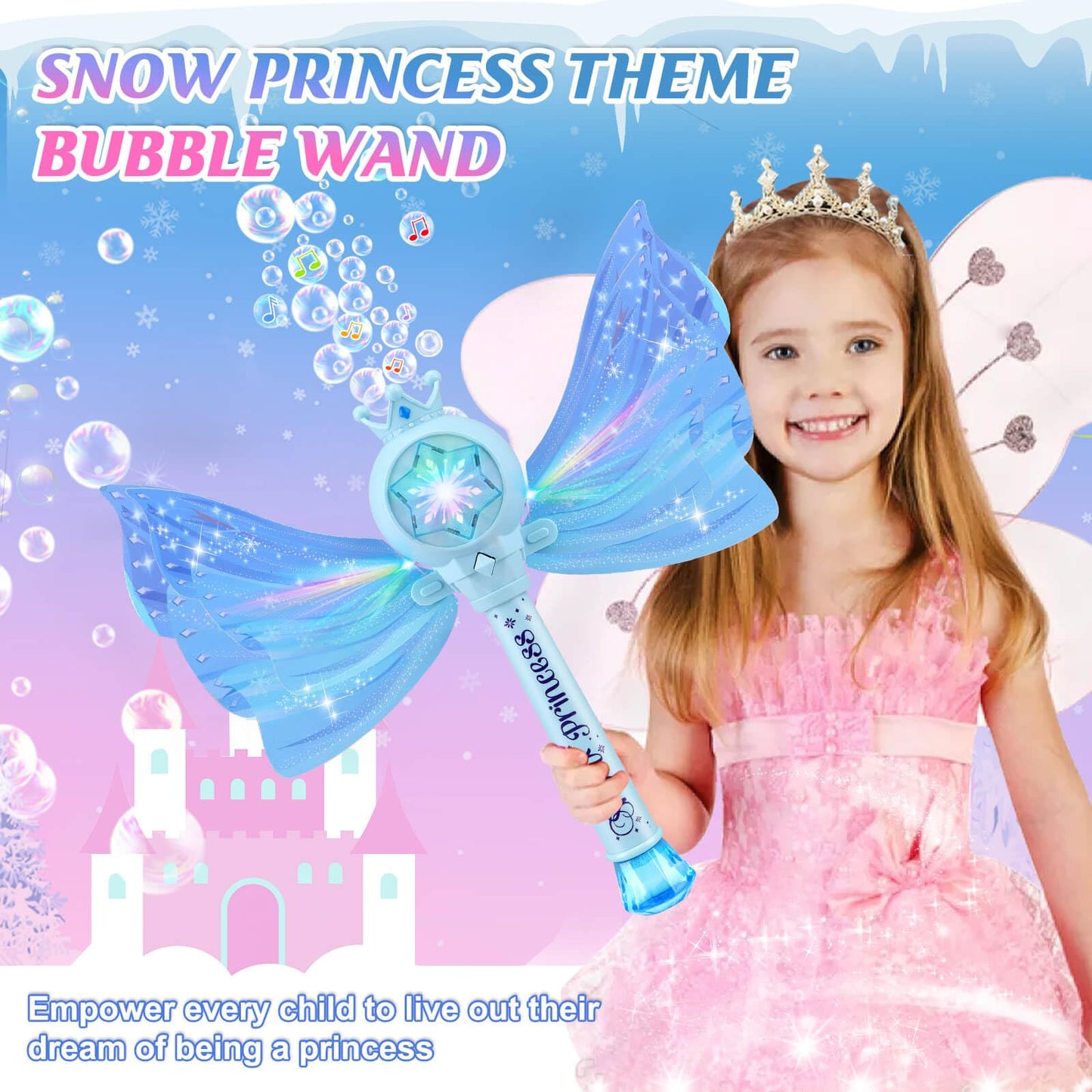 Britik Bubble Wands for Kids Girls - LED Light & Music Bubble Machine: 3 AA Batteries & 2 Bubble Solutions, Outdoor Party Birthday Toys for Toddlers, Gift for 3 4 5 6 7 8 Year Old Girls, Blue