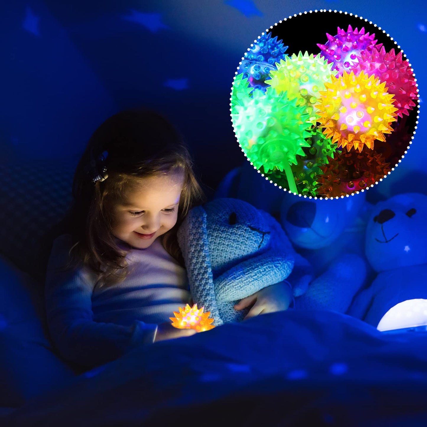 Sotiff 27 Pcs Light up Ball Spiky LED Bouncy Ball Flashing Squeaky Multicolor Puffer Toy Rubber Sensory Toy Carnival Prizes Bulk Party Favors for Teens, Adults, Children