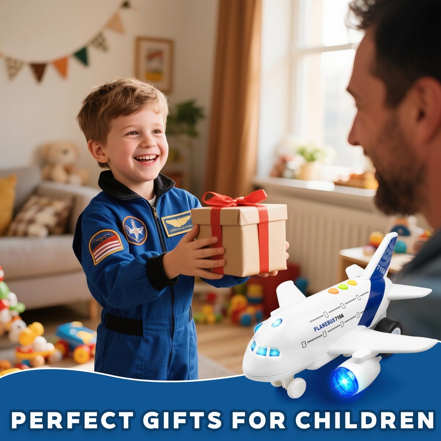 victob Airplane Toys for Toddlers – 1:200 Friction Powered Toy Plane with Flashing Lights and Sounds for Kids Boys & Girls Ages 3 4 5 6 7 8 – Christmas Birthday Party Gift, Pretend Play Vehicles